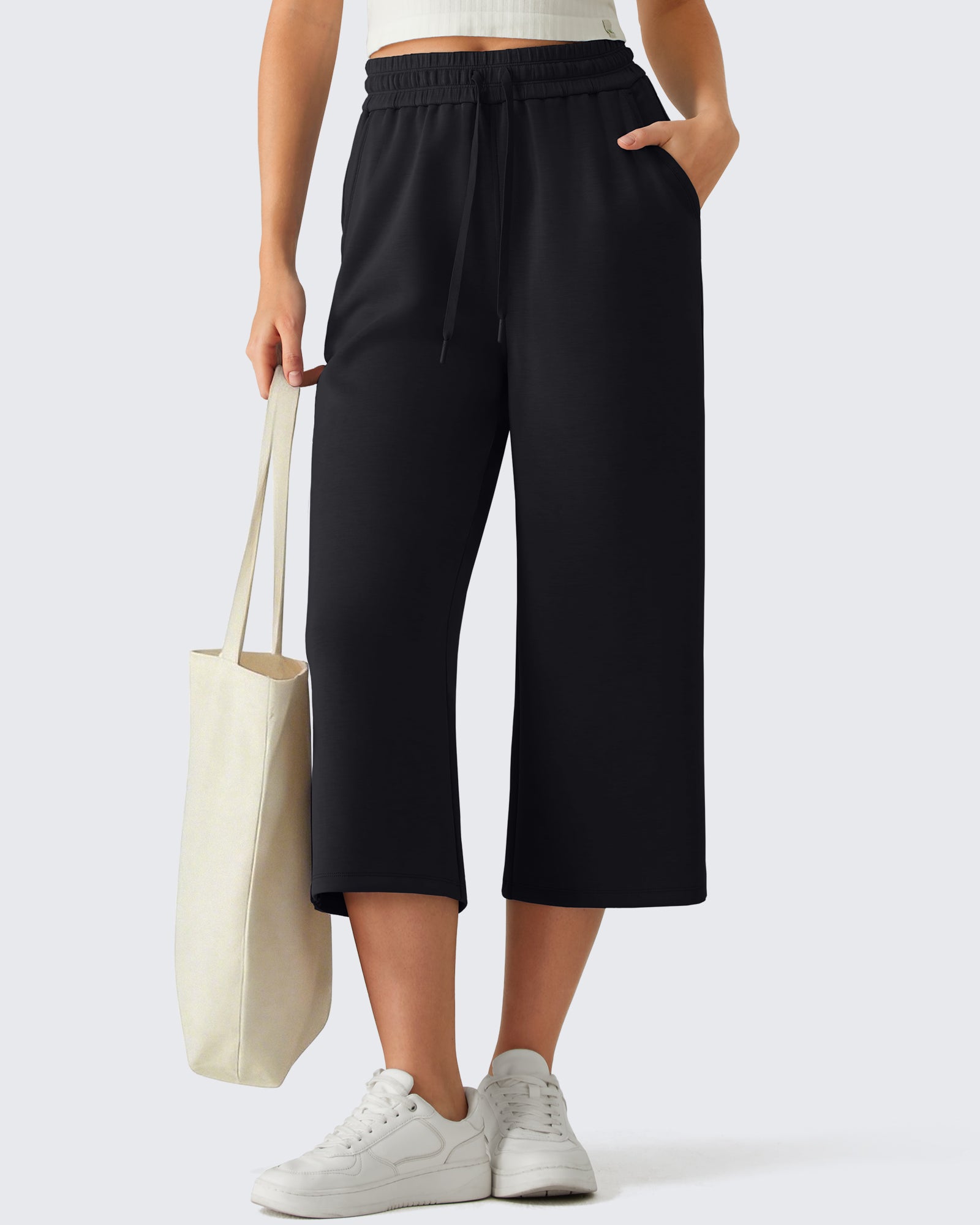 G4Free - G4Free Smoofit Drawstring Wide Leg Capri Pants with Pockets -GF26J907A001A-S-GF26J907A001B-M-GF26J907A001C-L-GF26J907A001D-XL-GF26J907A001E-XXL