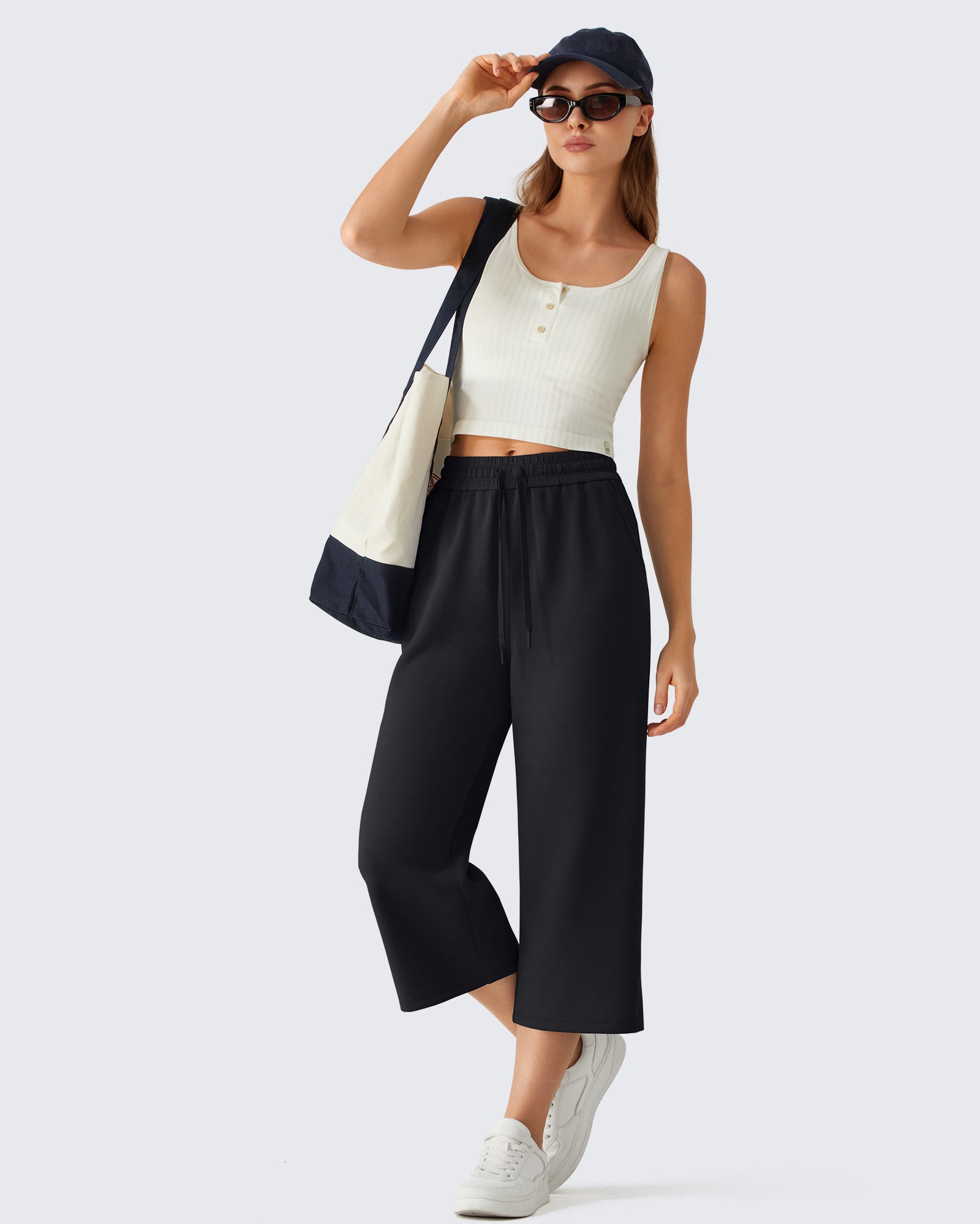 G4Free - G4Free Smoofit Drawstring Wide Leg Capri Pants with Pockets -GF26J907A001A-S-GF26J907A001B-M-GF26J907A001C-L-GF26J907A001D-XL-GF26J907A001E-XXL