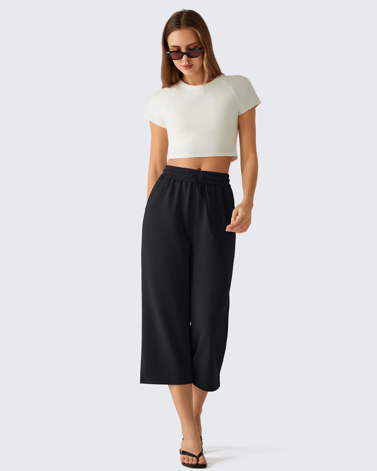 G4Free - G4Free Smoofit Drawstring Wide Leg Capri Pants with Pockets -GF26J907A001A-S-GF26J907A001B-M-GF26J907A001C-L-GF26J907A001D-XL-GF26J907A001E-XXL