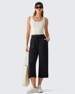 G4Free - G4Free Smoofit Drawstring Wide Leg Capri Pants with Pockets -GF26J907A001A-S-GF26J907A001B-M-GF26J907A001C-L-GF26J907A001D-XL-GF26J907A001E-XXL