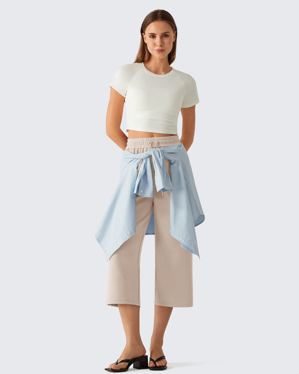 G4Free - G4Free Smoofit Drawstring Wide Leg Capri Pants with Pockets -GF26J907A001A-S-GF26J907A001B-M-GF26J907A001C-L-GF26J907A001D-XL-GF26J907A001E-XXL