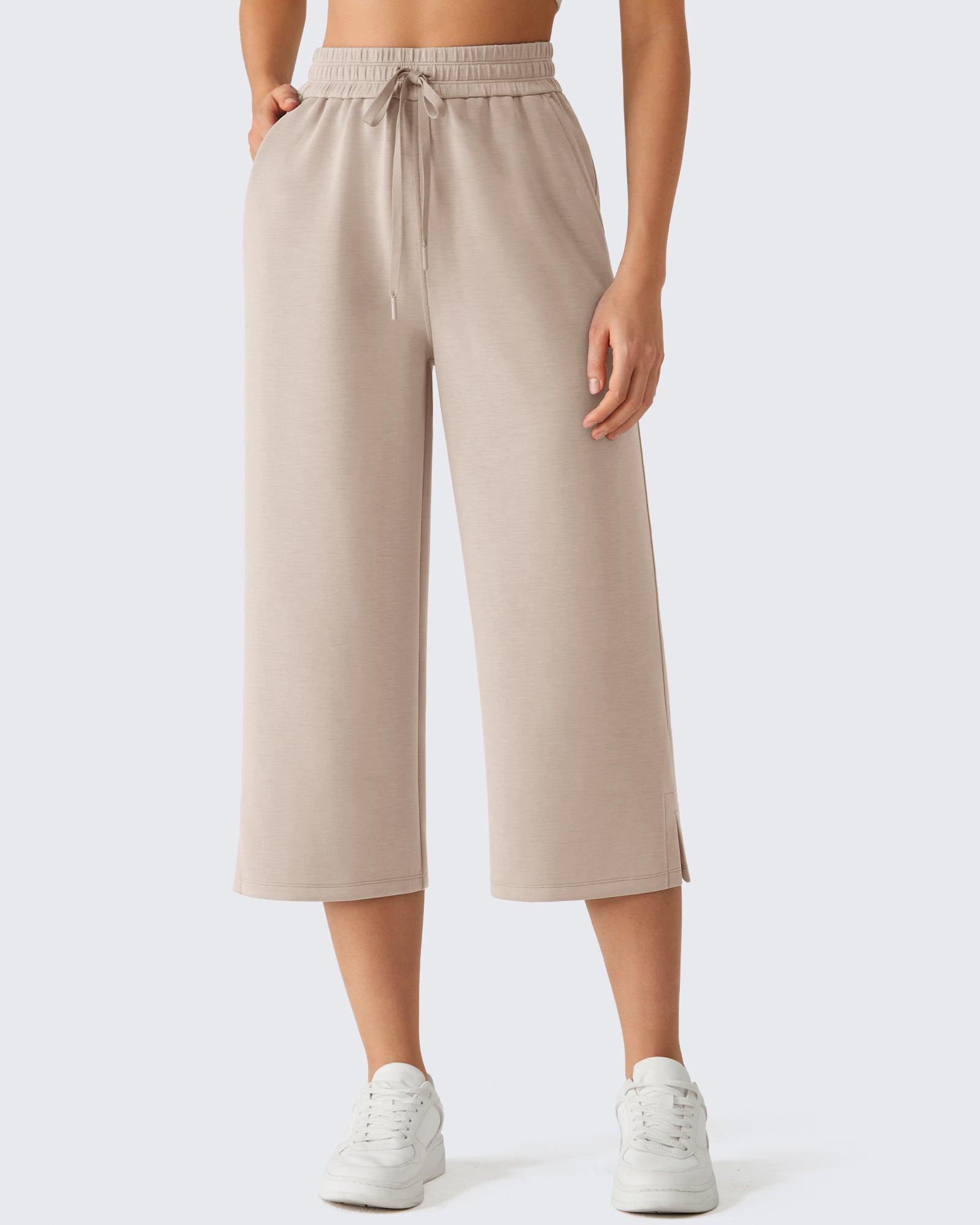 G4Free - G4Free Smoofit Drawstring Wide Leg Capri Pants with Pockets -GF26J907A001A-S-GF26J907A001B-M-GF26J907A001C-L-GF26J907A001D-XL-GF26J907A001E-XXL