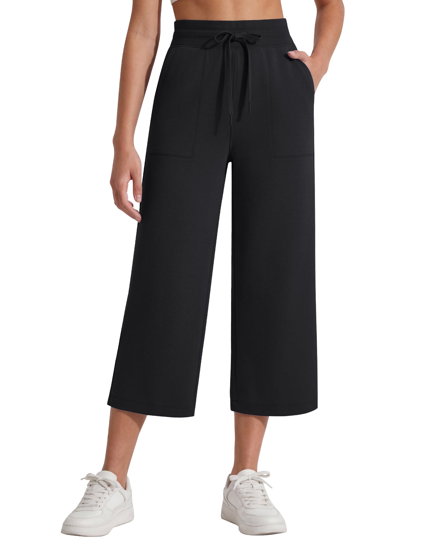G4Free - G4Free Smoofit High Waisted Drawstring Wide Leg Capris with Pockets -GF26J982A001A-S-GF26J982A001B-M-GF26J982A001C-L-GF26J982A001D-XL-GF26J982A001E-XXL