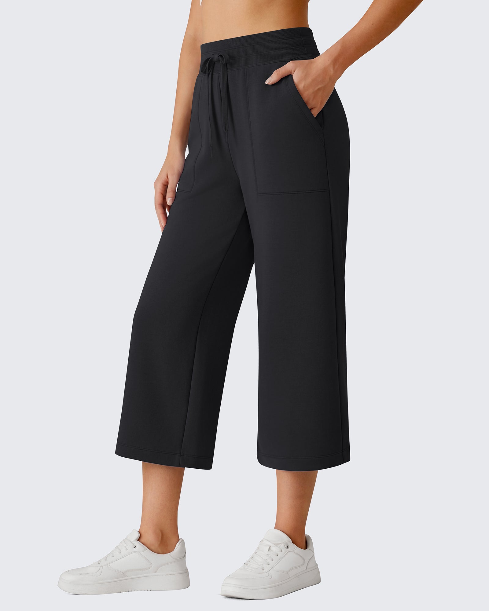 G4Free - G4Free Smoofit High Waisted Drawstring Wide Leg Capris with Pockets -GF26J982A001A-S-GF26J982A001B-M-GF26J982A001C-L-GF26J982A001D-XL-GF26J982A001E-XXL