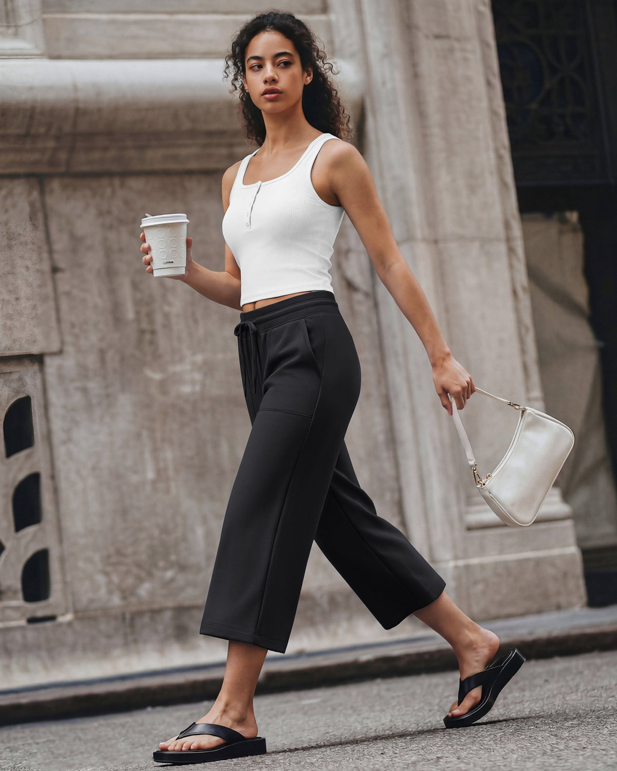 G4Free - G4Free Smoofit High Waisted Drawstring Wide Leg Capris with Pockets -GF26J982A001A-S-GF26J982A001B-M-GF26J982A001C-L-GF26J982A001D-XL-GF26J982A001E-XXL