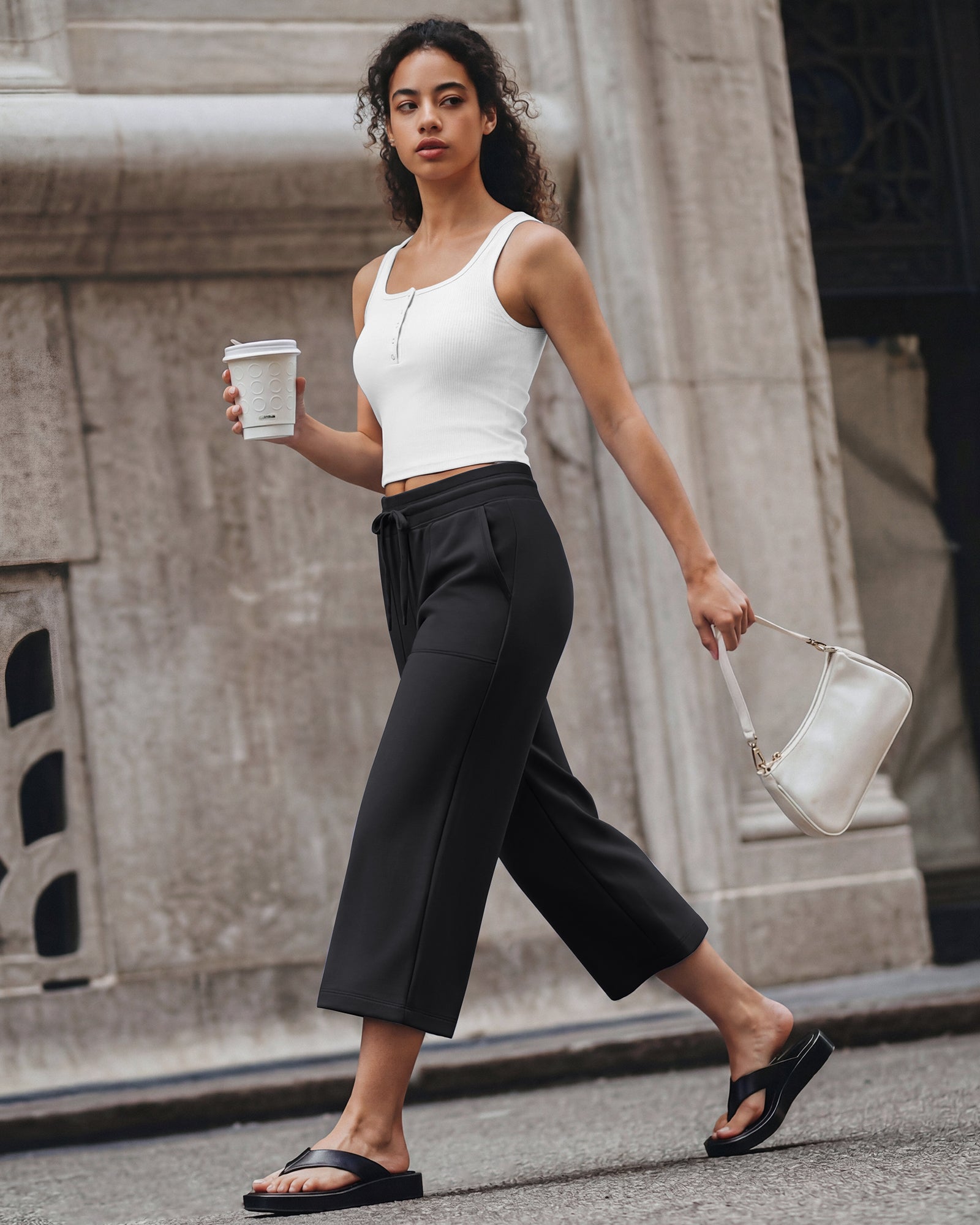 G4Free - G4Free Smoofit High Waisted Drawstring Wide Leg Capris with Pockets -GF26J982A001A-S-GF26J982A001B-M-GF26J982A001C-L-GF26J982A001D-XL-GF26J982A001E-XXL