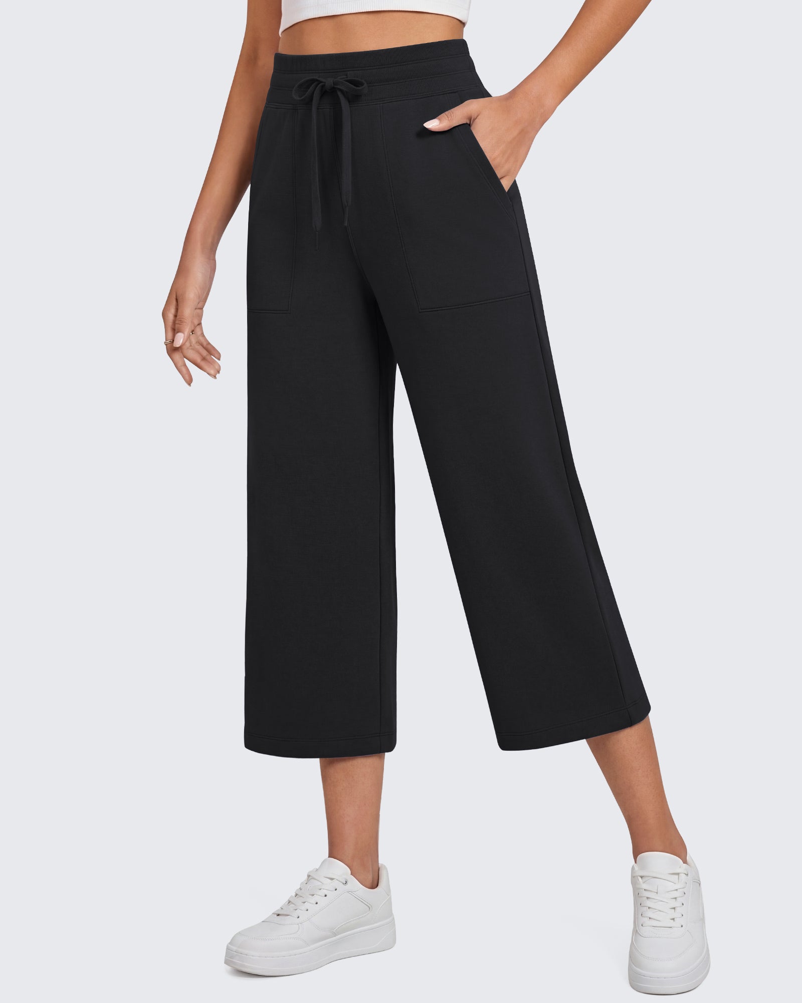 G4Free - G4Free Smoofit High Waisted Drawstring Wide Leg Capris with Pockets -GF26J982A001A-S-GF26J982A001B-M-GF26J982A001C-L-GF26J982A001D-XL-GF26J982A001E-XXL