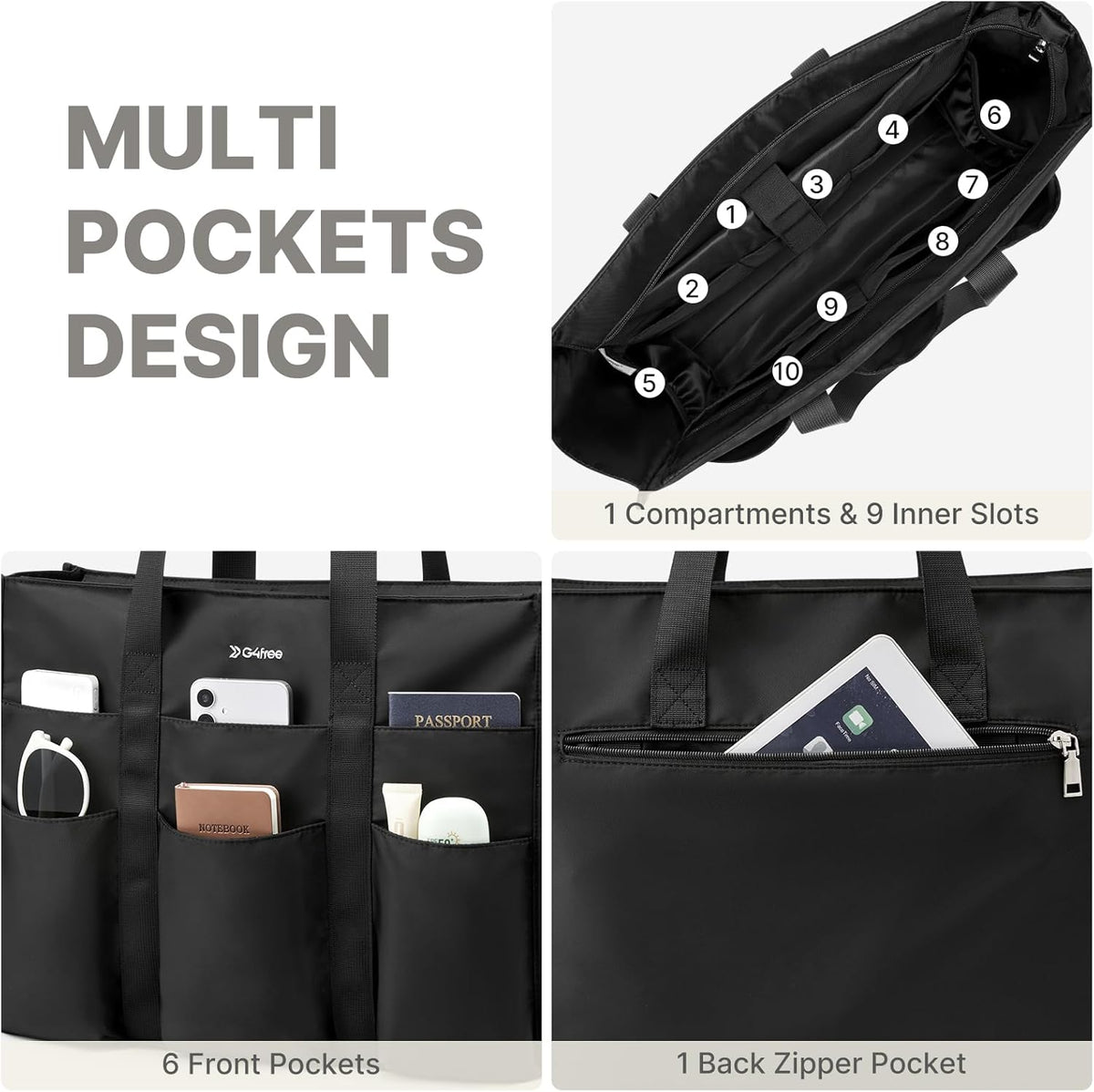 G4Free - G4Free Tote Bag, Multi-Compartment Large Capacity Work Bag with Zipper Top Handle, Shoulder Bag -TN24B476B-TN24B476A-TN24B476C