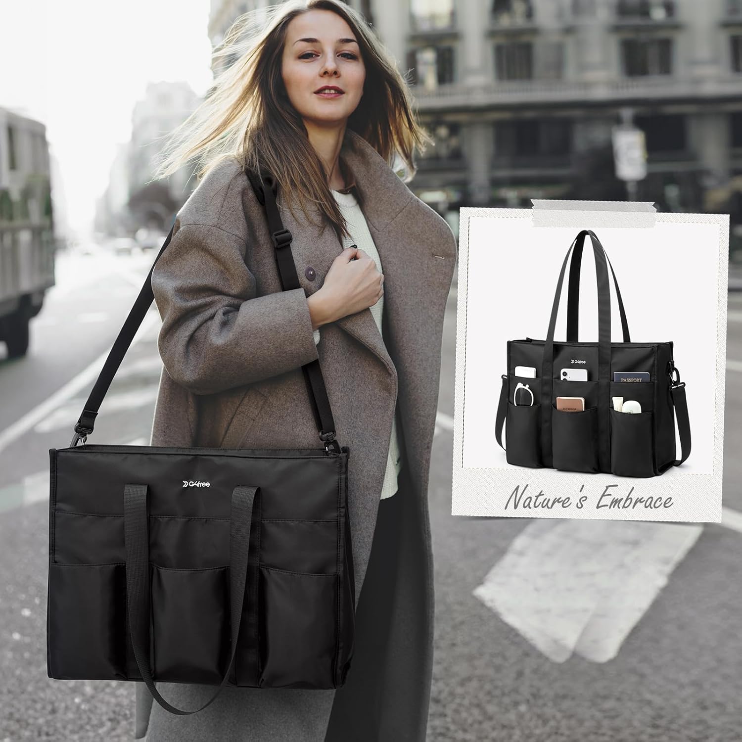 G4Free - G4Free Tote Bag, Multi-Compartment Large Capacity Work Bag with Zipper Top Handle, Shoulder Bag -TN24B476B-TN24B476A-TN24B476C