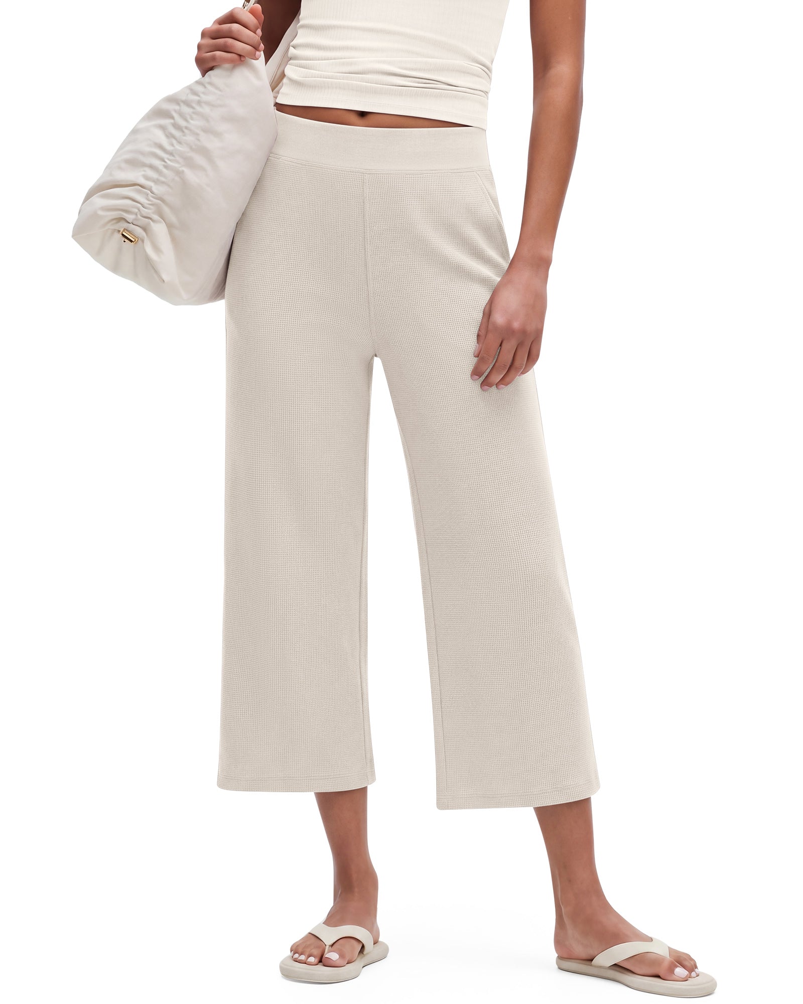 G4Free - G4Free Waffle Wide Leg Capri Pants Cropped Sweatpants -GF26J925A001A-S-GF26J925A001B-M-GF26J925A001C-L-GF26J925A001D-XL-GF26J925A001E-XXL