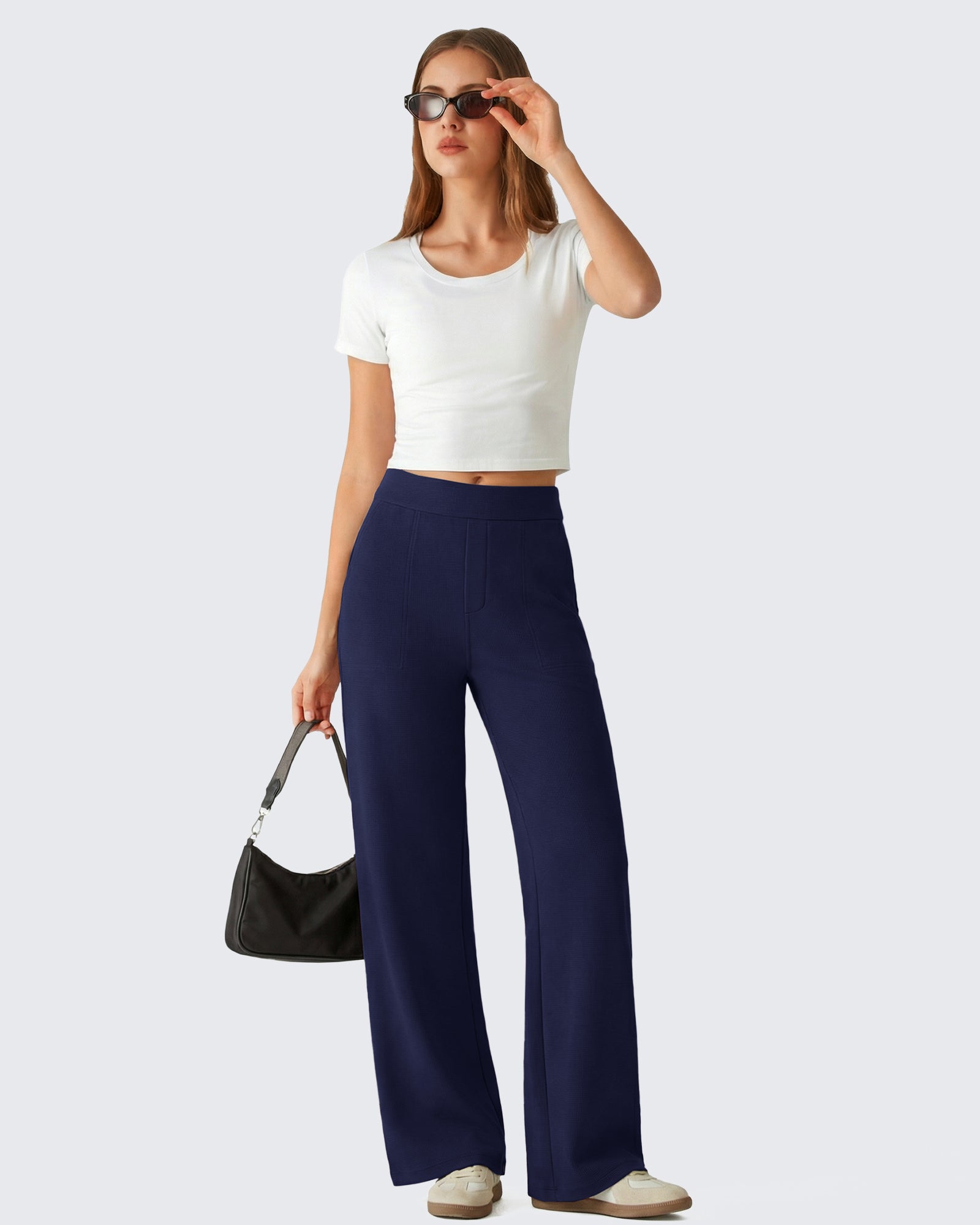 G4Free - G4Free Waffle Wide Leg Pull On Dress Pants High Waisted Stretchy -GF26J871A001A-S-GF26J871A001B-M-GF26J871A001C-L-GF26J871A001D-XL-GF26J871A001E-XXL