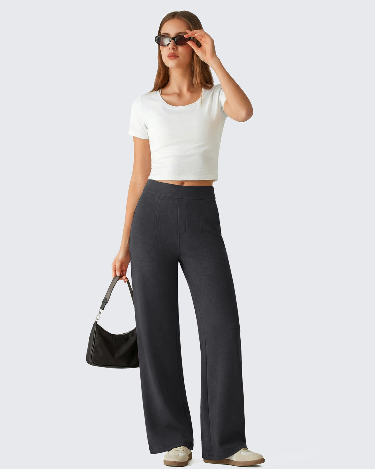 G4Free - G4Free Waffle Wide Leg Pull On Dress Pants High Waisted Stretchy -GF26J871A001A-S-GF26J871A001B-M-GF26J871A001C-L-GF26J871A001D-XL-GF26J871A001E-XXL