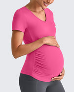 G4Free - Lightweight V Neck Side Ruched Maternity Short Sleeve -GF25KY453BA-S-GF25KY453BB-M-GF25KY453BC-L-GF25KY453BD-XL-GF25KY453BE-XXL