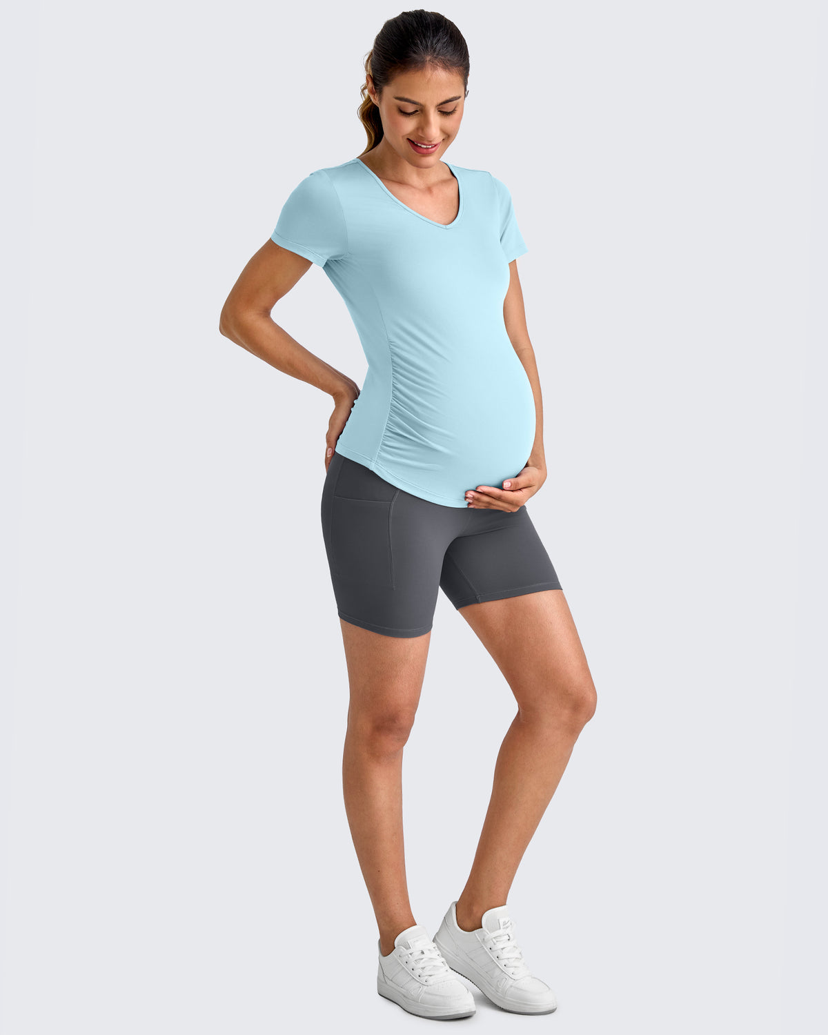G4Free - Lightweight V Neck Side Ruched Maternity Short Sleeve -GF25KY453BA-S-GF25KY453BB-M-GF25KY453BC-L-GF25KY453BD-XL-GF25KY453BE-XXL