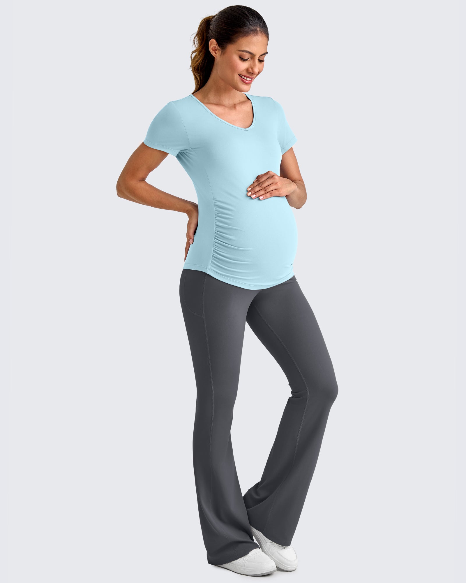 G4Free - Lightweight V Neck Side Ruched Maternity Short Sleeve -GF25KY453BA-S-GF25KY453BB-M-GF25KY453BC-L-GF25KY453BD-XL-GF25KY453BE-XXL