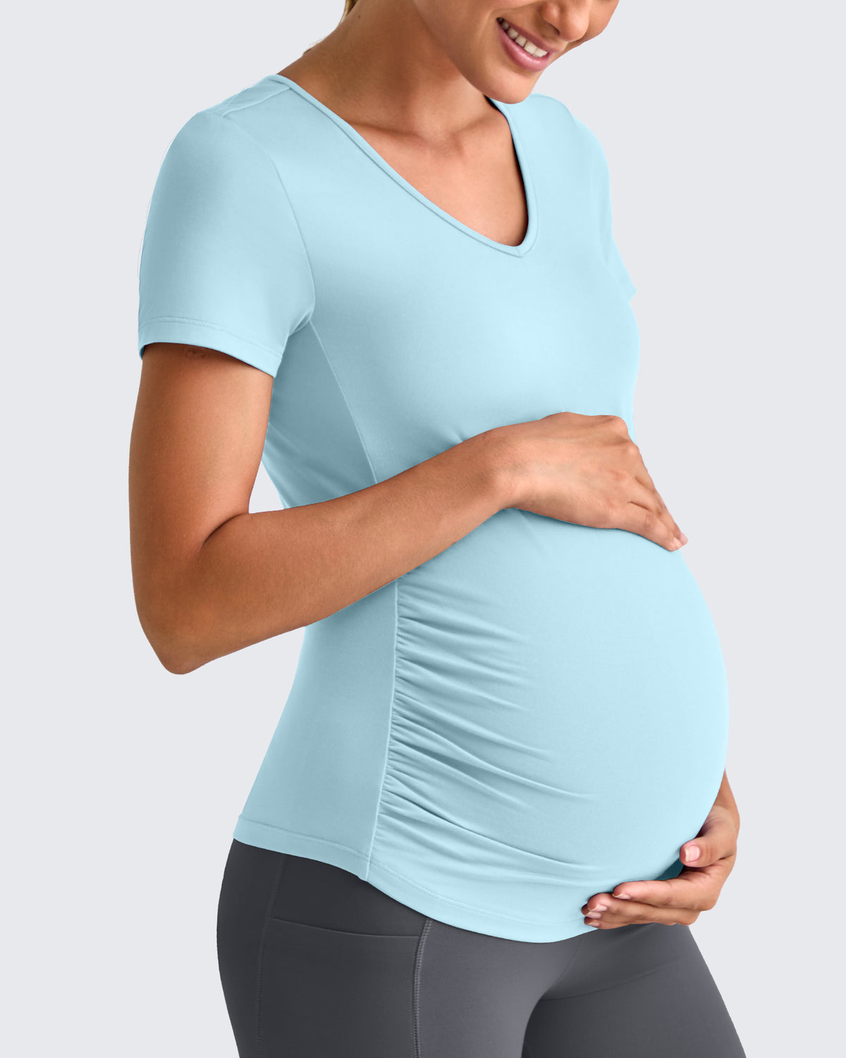 G4Free - Lightweight V Neck Side Ruched Maternity Short Sleeve -GF25KY453BA-S-GF25KY453BB-M-GF25KY453BC-L-GF25KY453BD-XL-GF25KY453BE-XXL