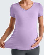 G4Free - Lightweight V Neck Side Ruched Maternity Short Sleeve -GF25KY453BA-S-GF25KY453BB-M-GF25KY453BC-L-GF25KY453BD-XL-GF25KY453BE-XXL