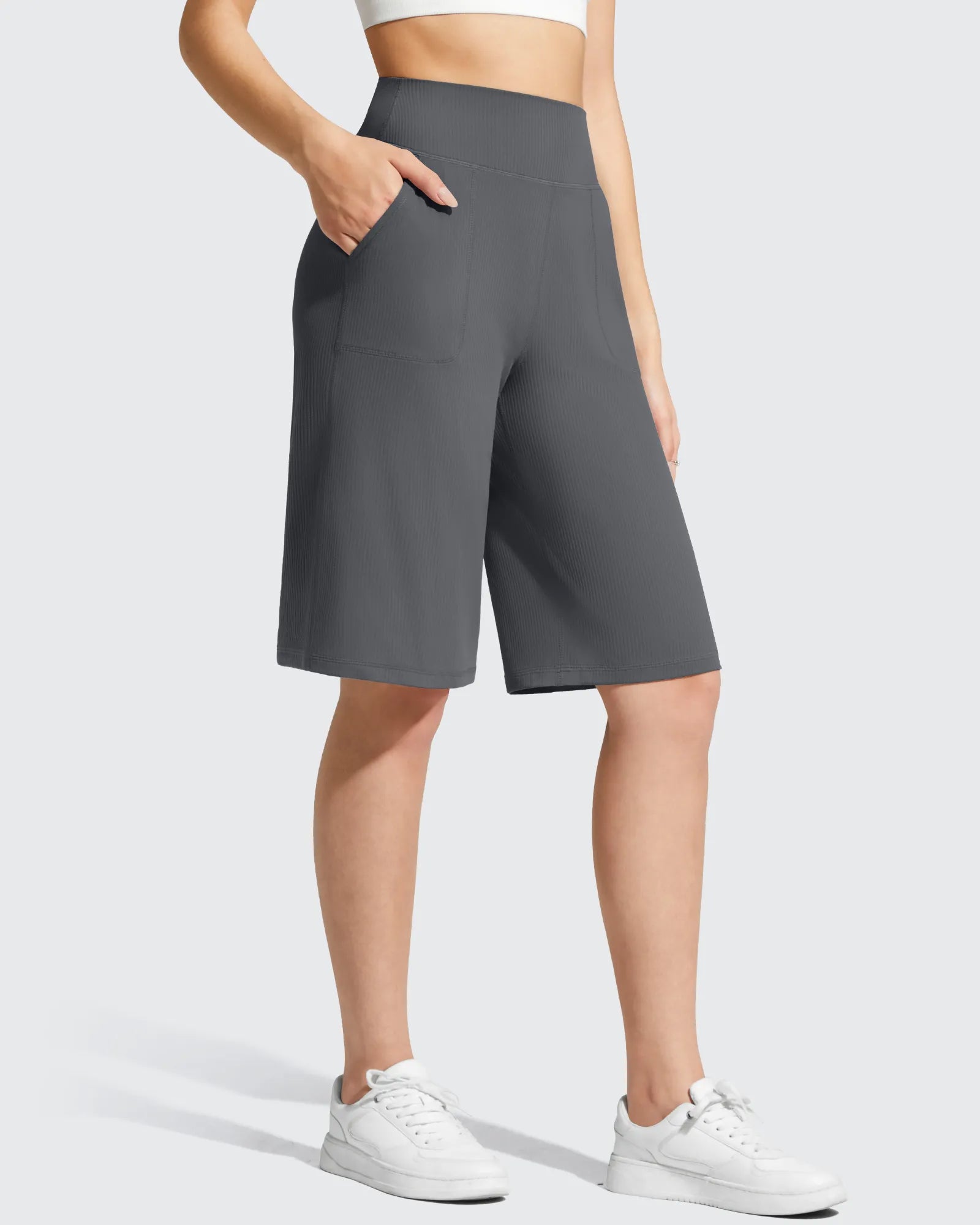 G4Free - Ribbed Bermuda High-Waist Knee Length Shorts 11'' -GF26E763A001F-XS-GF26E763A001A-S-GF26E763A001B-M-GF26E763A001C-L-GF26E763A001D-XL