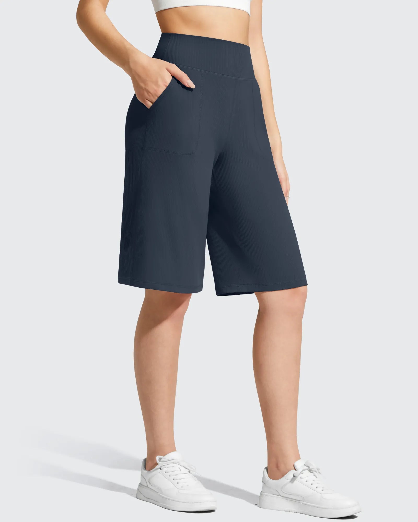 G4Free - Ribbed Bermuda High-Waist Knee Length Shorts 11'' -GF26E763A001F-XS-GF26E763A001A-S-GF26E763A001B-M-GF26E763A001C-L-GF26E763A001D-XL