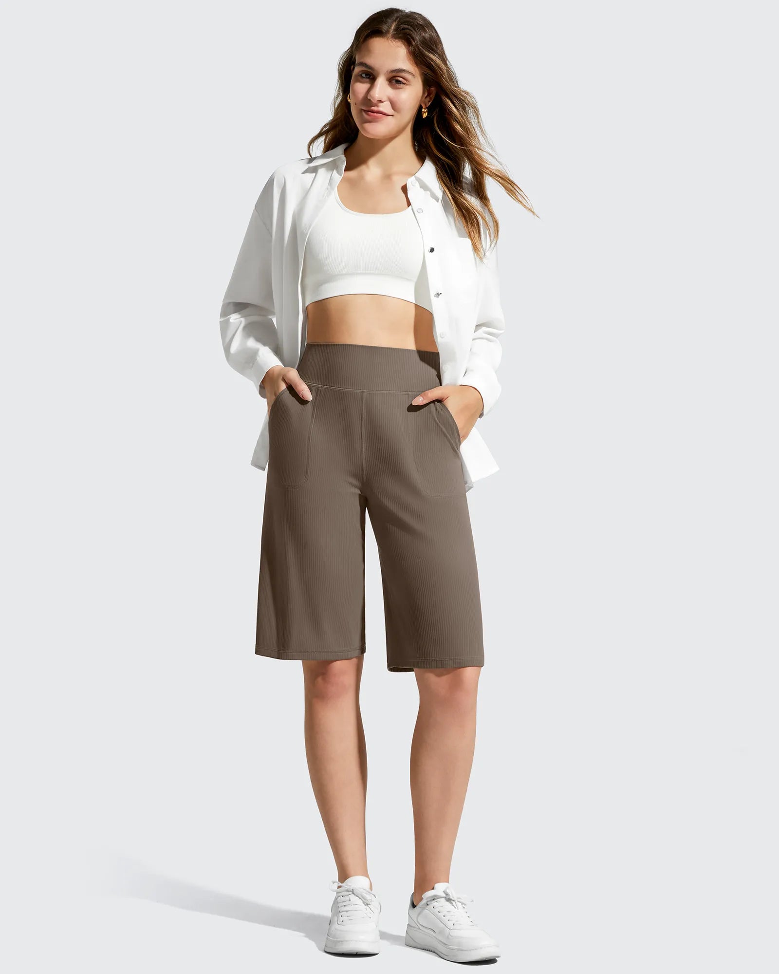 G4Free - Ribbed Bermuda High-Waist Knee Length Shorts 11'' -GF26E763A001F-XS-GF26E763A001A-S-GF26E763A001B-M-GF26E763A001C-L-GF26E763A001D-XL