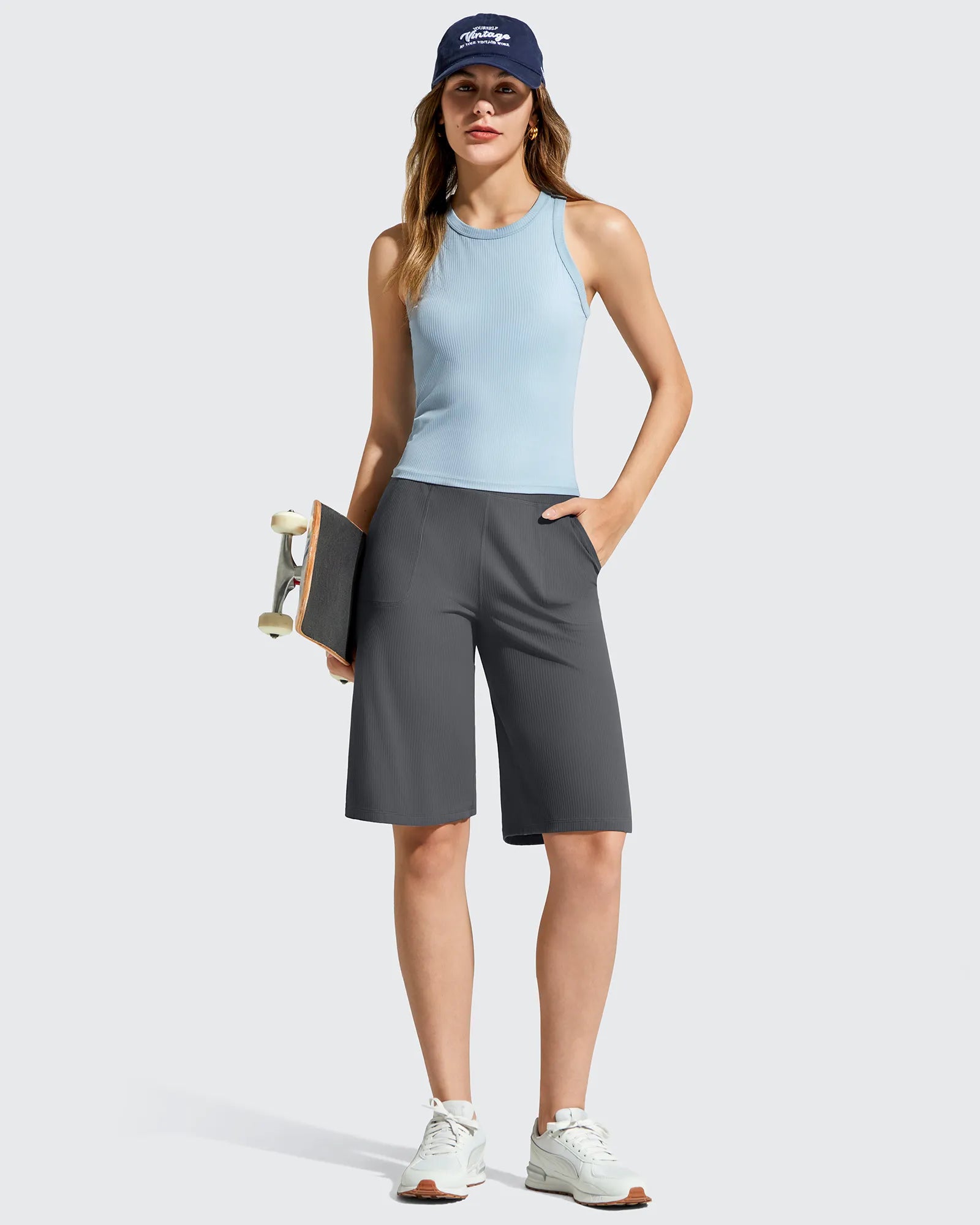 G4Free - Ribbed Bermuda High-Waist Knee Length Shorts 11'' -GF26E763A001F-XS-GF26E763A001A-S-GF26E763A001B-M-GF26E763A001C-L-GF26E763A001D-XL