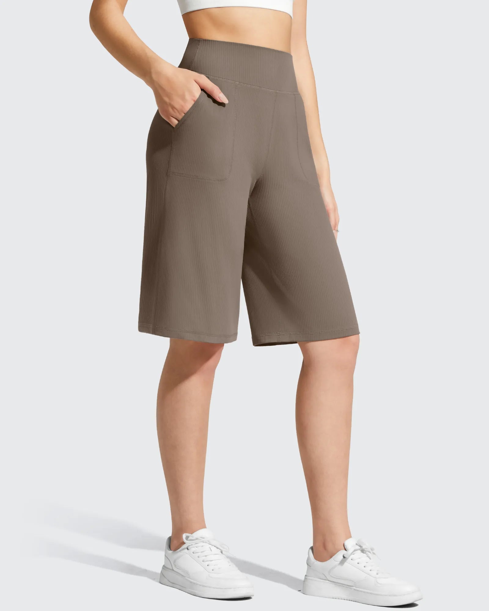 G4Free - Ribbed Bermuda High-Waist Knee Length Shorts 11'' -GF26E763A001F-XS-GF26E763A001A-S-GF26E763A001B-M-GF26E763A001C-L-GF26E763A001D-XL