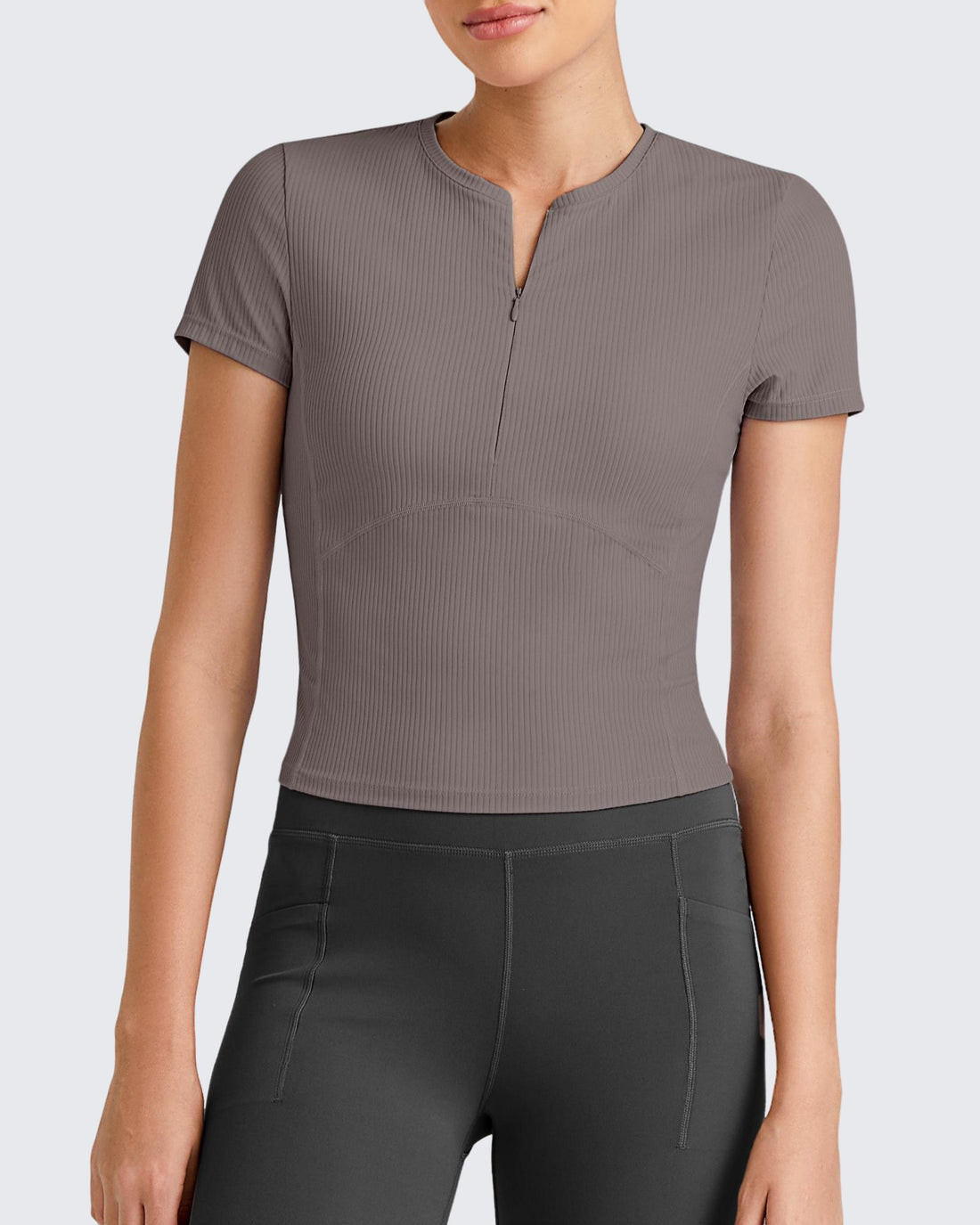 G4Free - Ribbed Half Zip Slim Work Out Short Sleeve -GF25K332AA-S