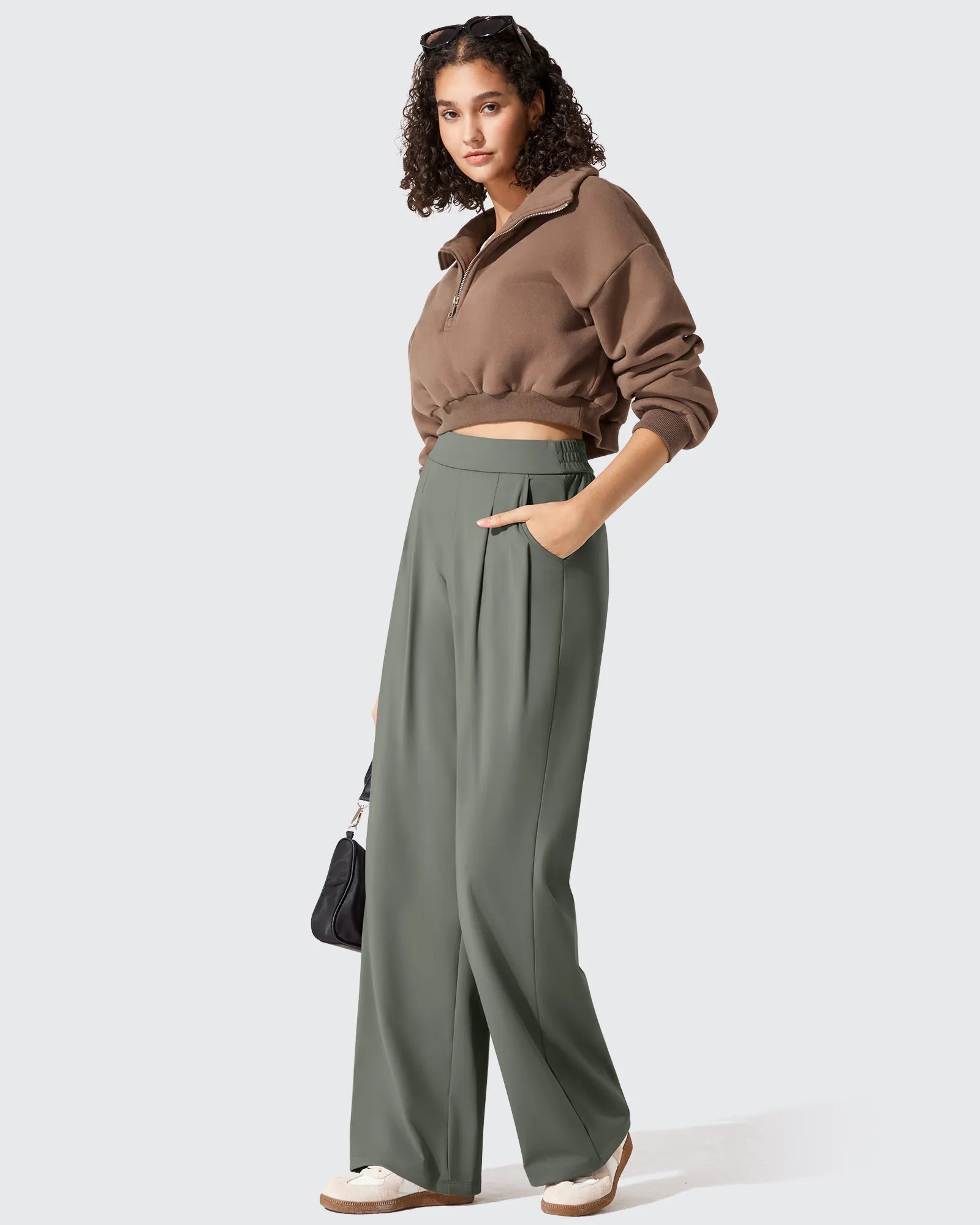 women's dress pants with pleats Two-Front Pleated Wide Leg Dress Pants - Women’s High Waisted Work Trousers