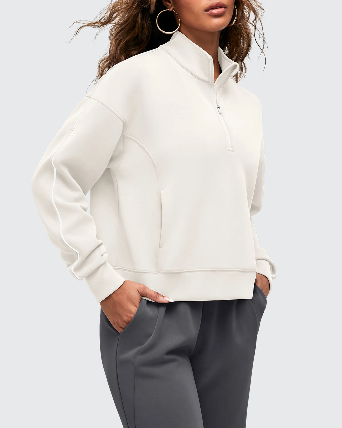 G4Free - Smoofit Half-Zip White Piping Mock Neck Pullover Sweatshirts -GF25F557AF-XS