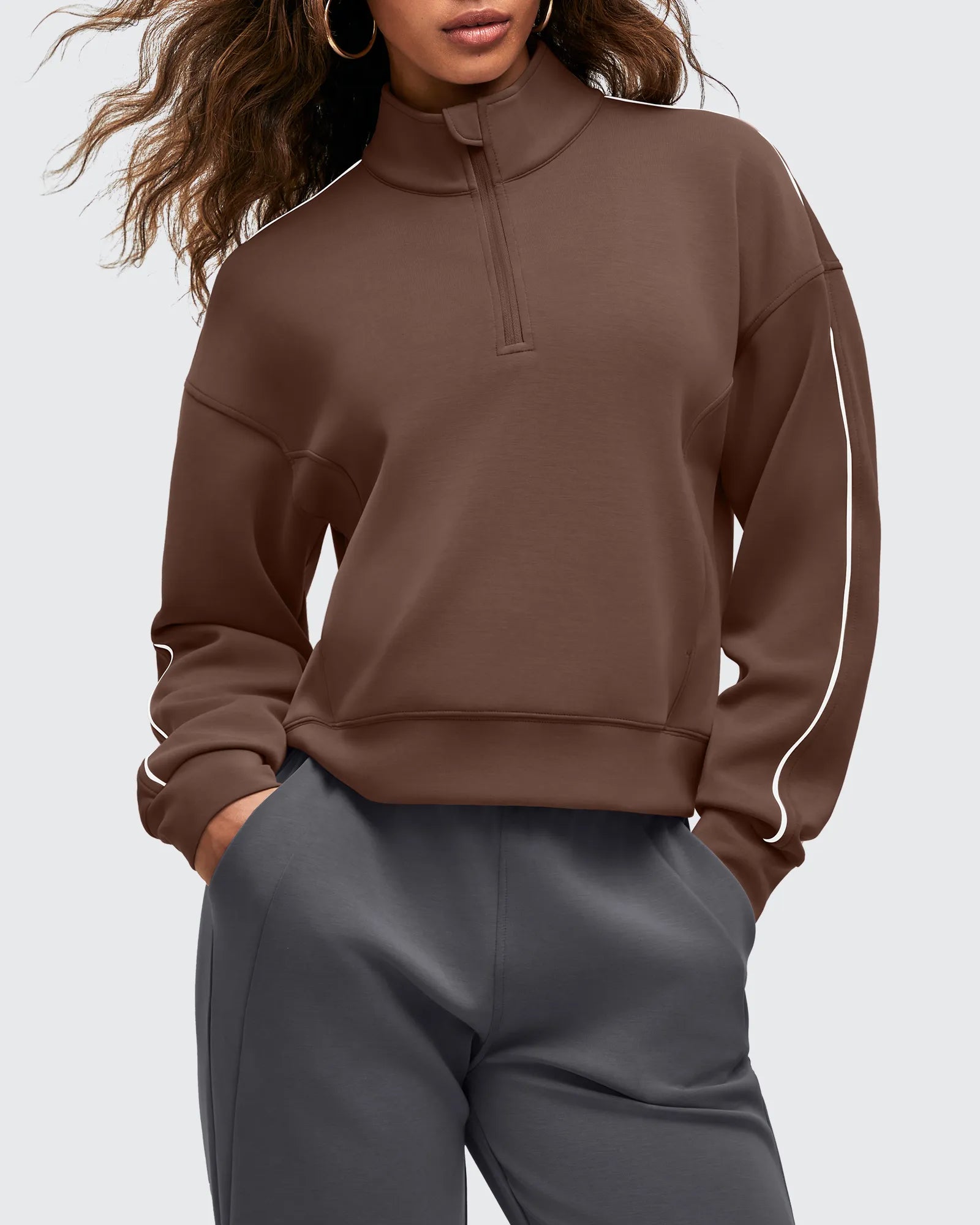 G4Free - Smoofit Half-Zip White Piping Mock Neck Pullover Sweatshirts -GF25F557AF-XS