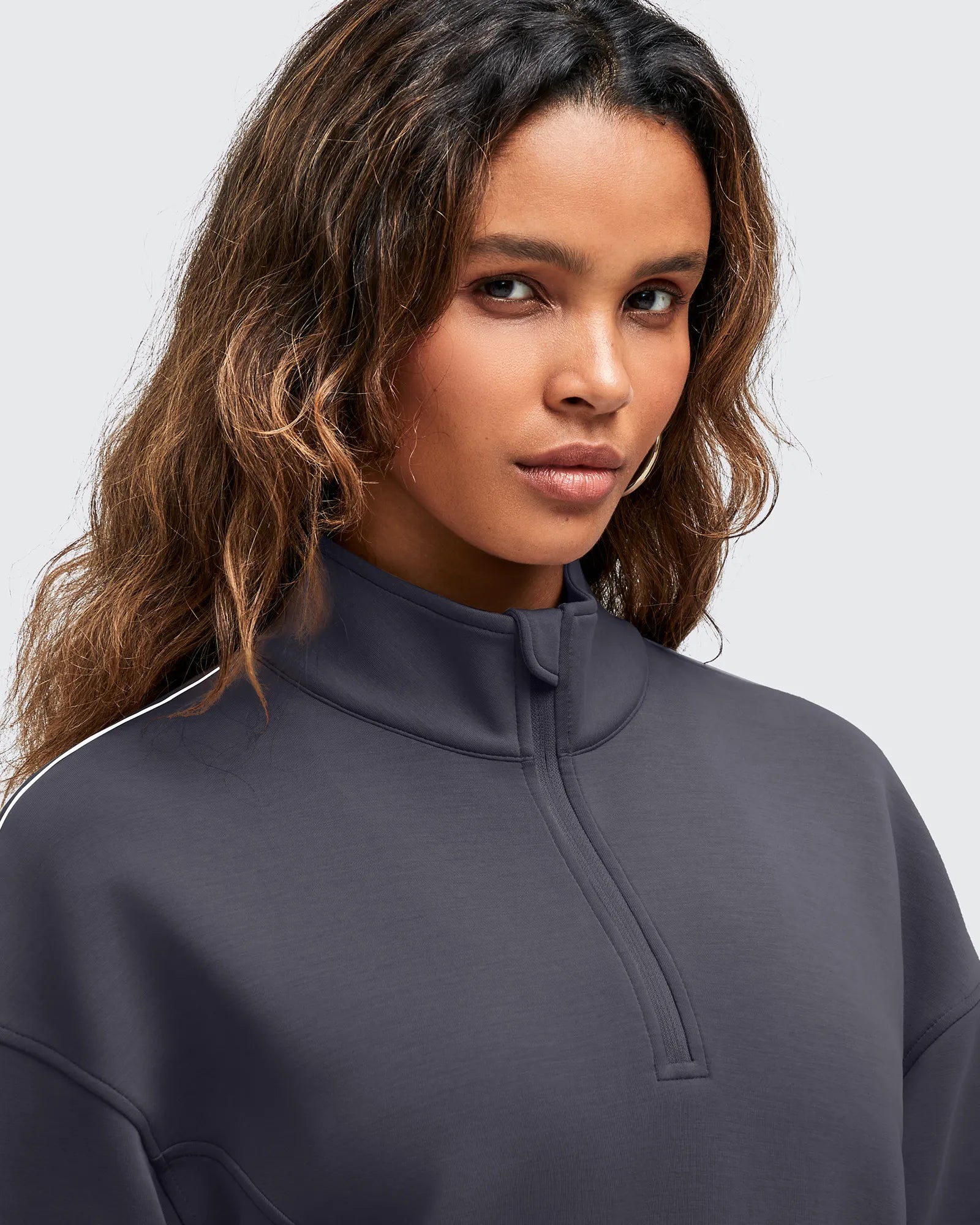 G4Free - Smoofit Half-Zip White Piping Mock Neck Pullover Sweatshirts -GF25F557AF-XS-GF25F557AA-S-GF25F557AB-M-GF25F557AC-L-GF25F557AD-XL