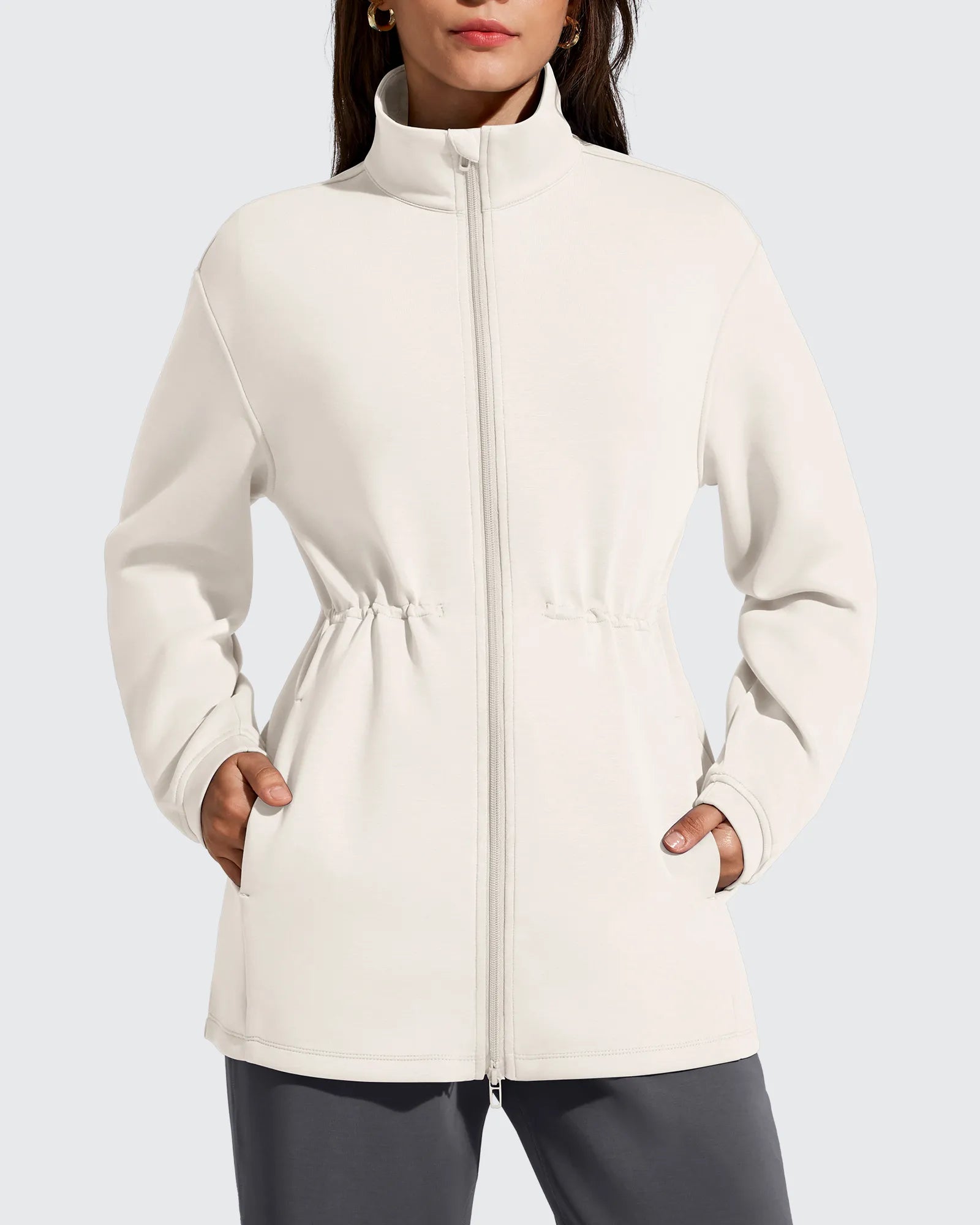 G4Free - Smoofit Zip Up Pockets Long Cinch Waist Jackets -GF25M738BA-S