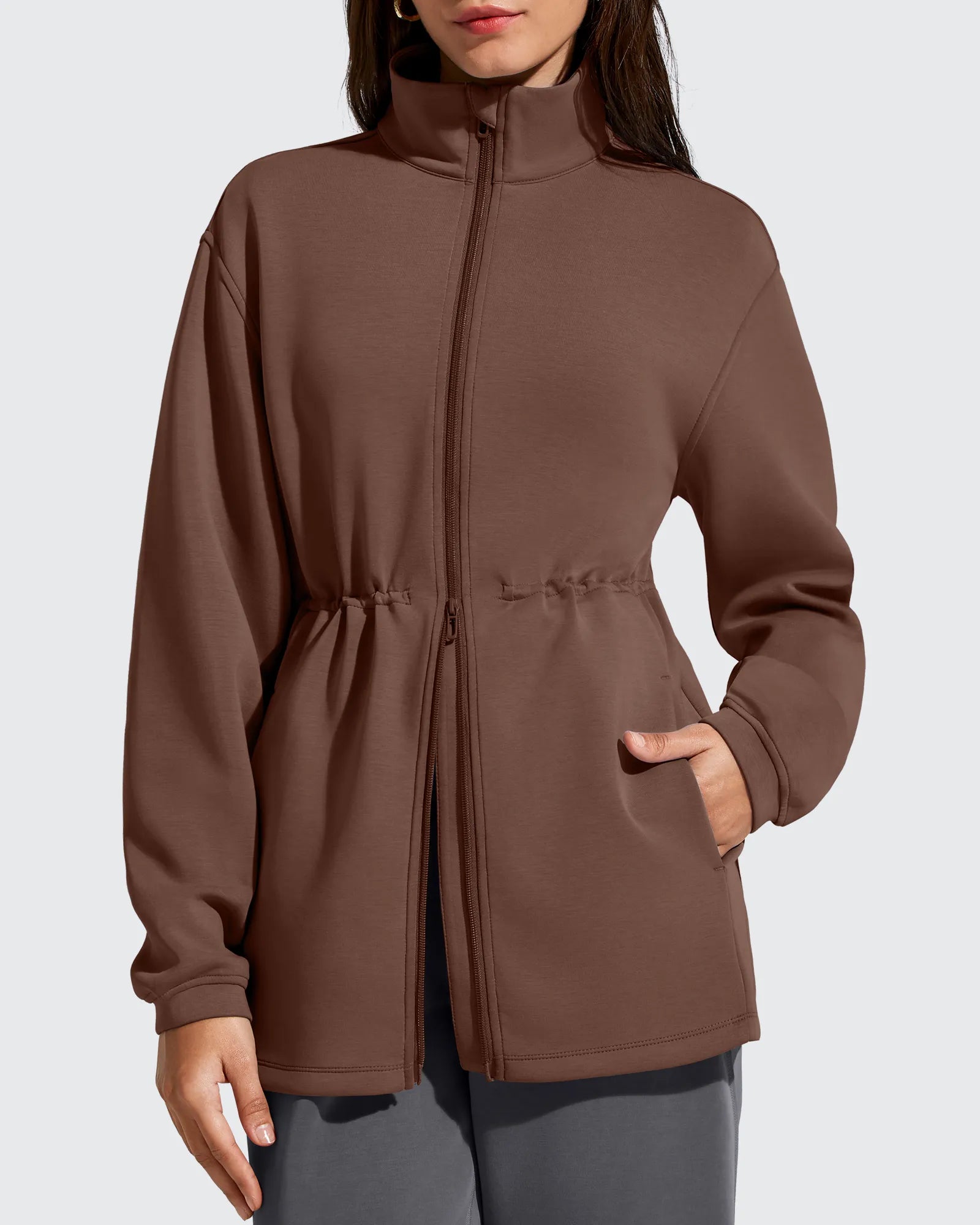 Women's Zip Up Fleece Jacket - Cinch Waist Long Casual Sweatshirt