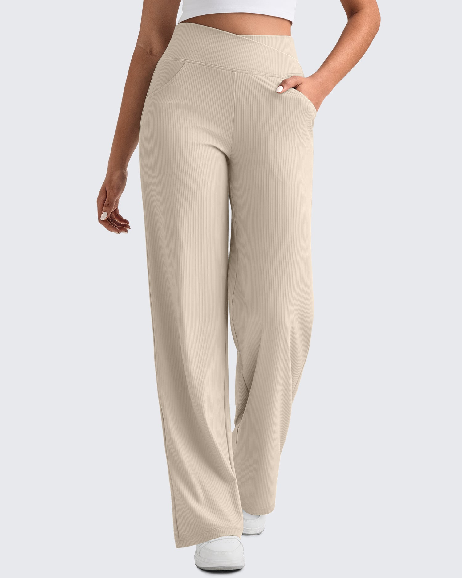 Ribbed Cross High-Waist Wide Leg Pants
