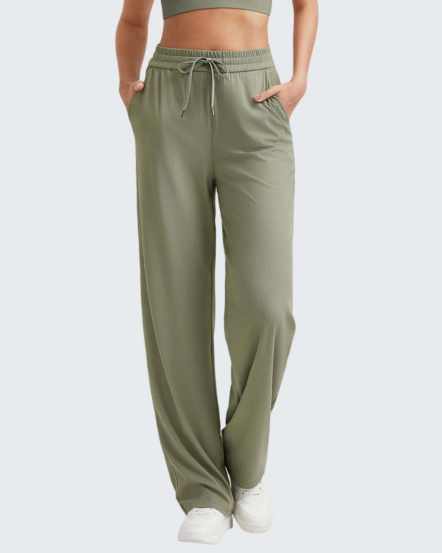 Ribbed High-Rise Drawstring Casual Pants