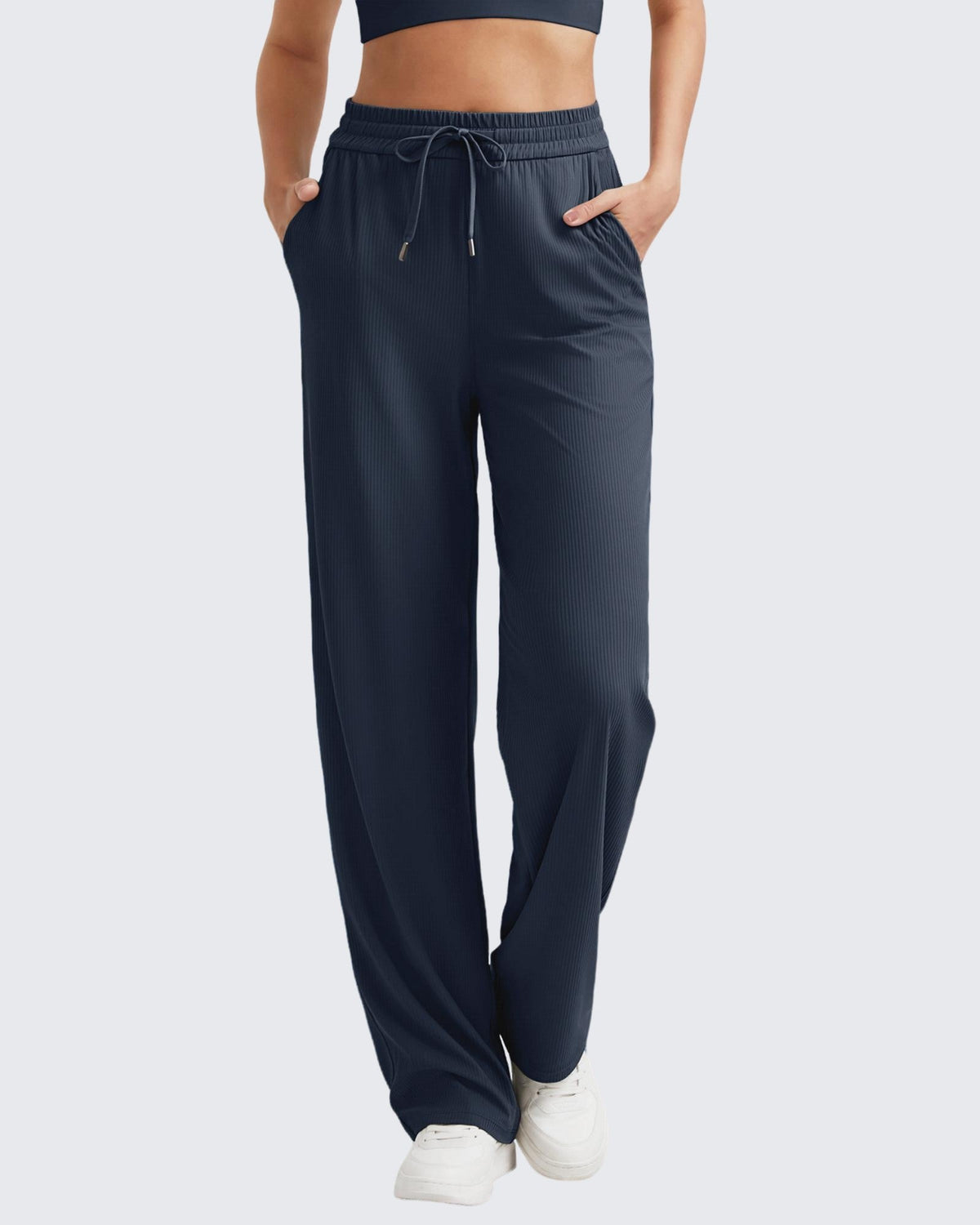 G4Free Activewear Ribbed High-Rise Drawstring Casual Pants 
