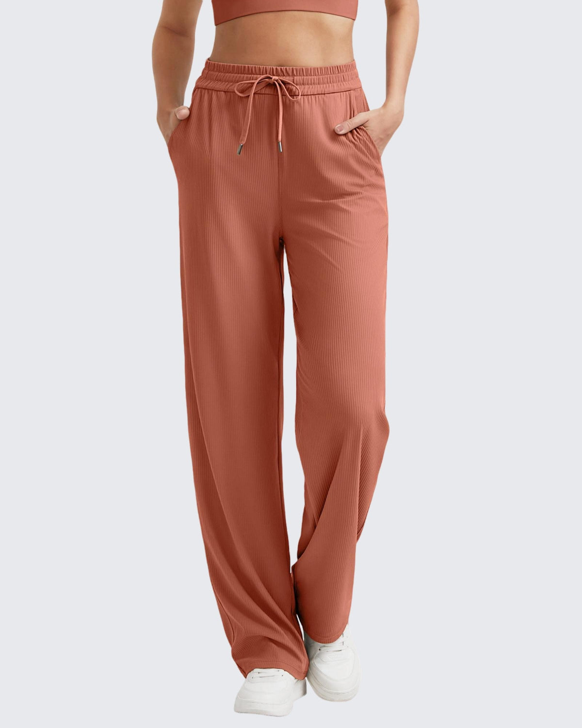 G4Free Activewear Ribbed High-Rise Drawstring Casual Pants 