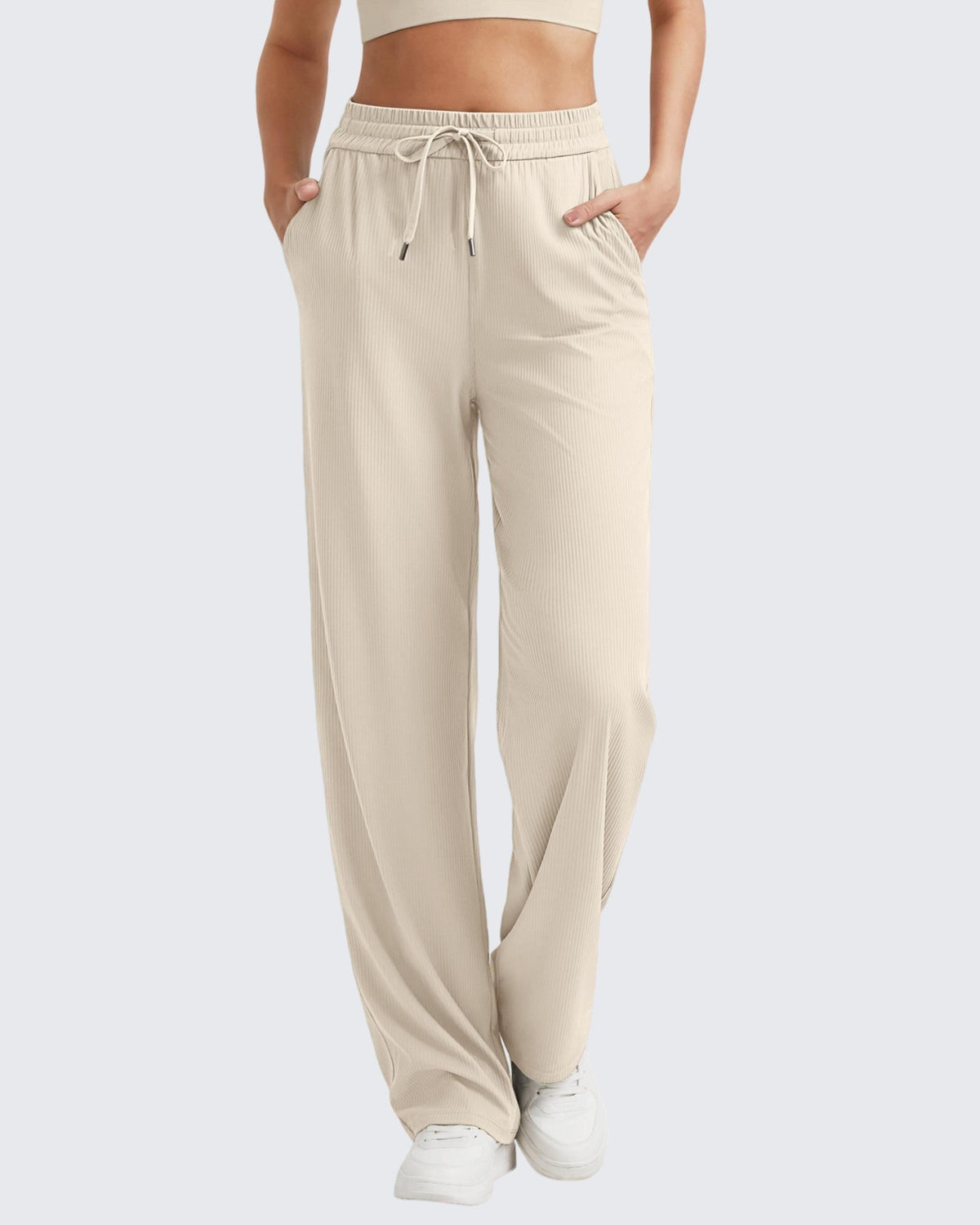 G4Free Activewear Ribbed High-Rise Drawstring Casual Pants 