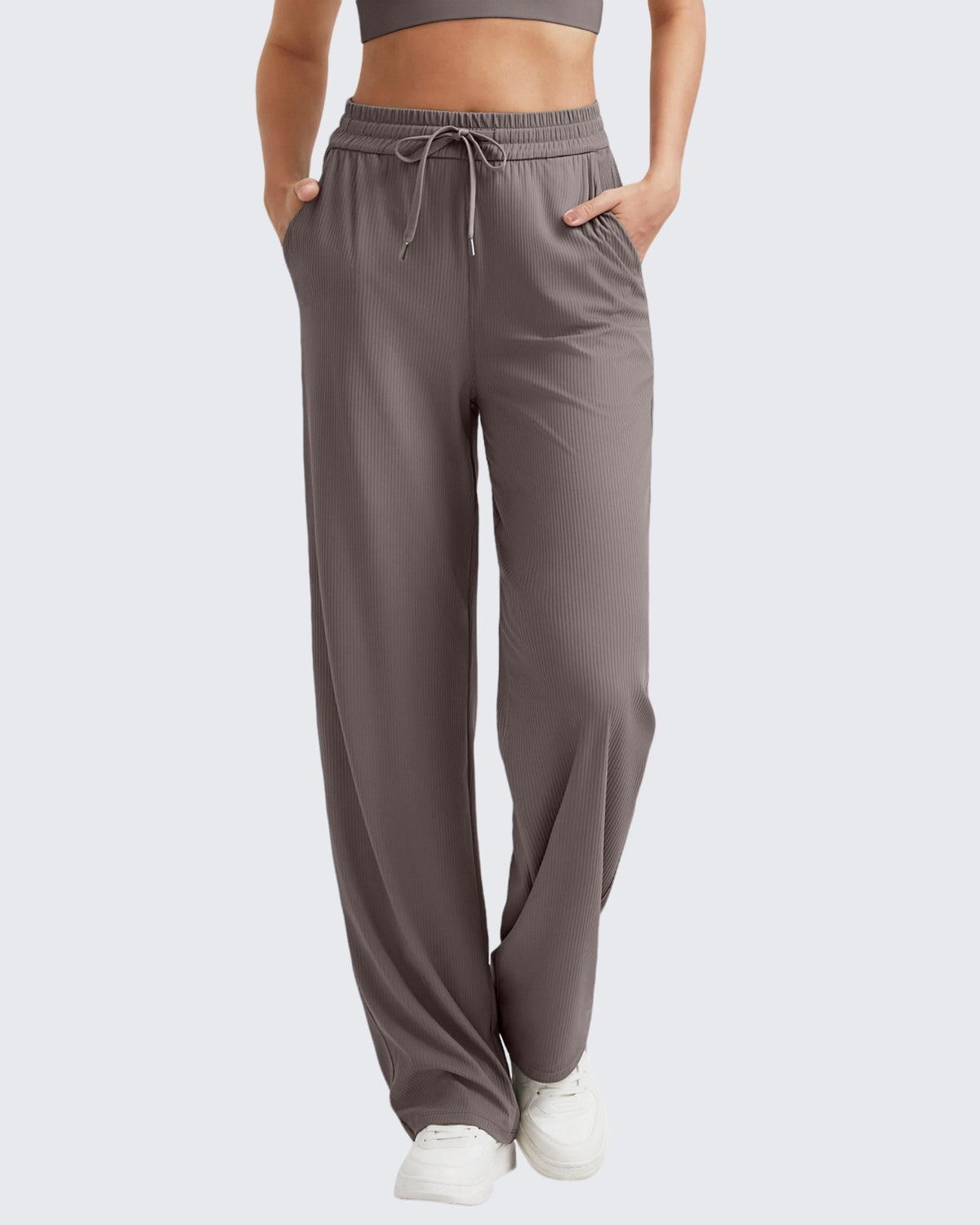 G4Free Activewear Ribbed High-Rise Drawstring Casual Pants 