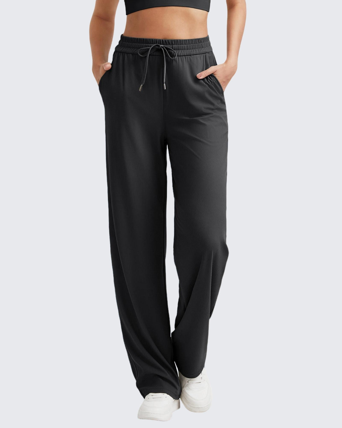 G4Free Activewear Ribbed High-Rise Drawstring Casual Pants 