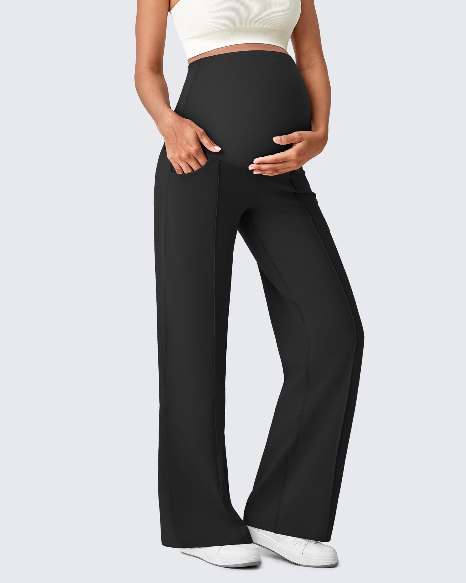 Wide Leg Pockets Front Pleats Maternity