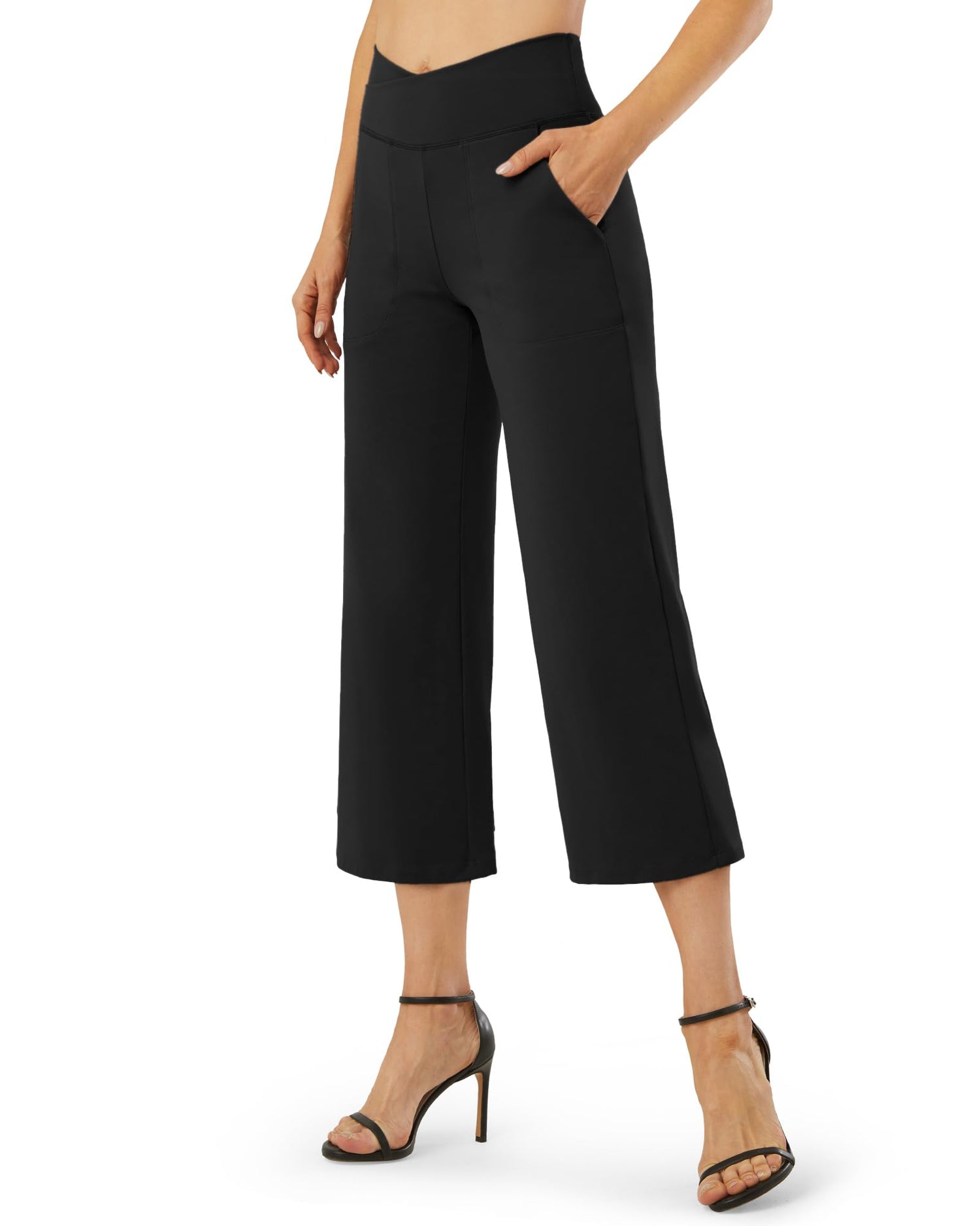 Wide Leg High Waisted Side Pockets Capri Yoga Pants