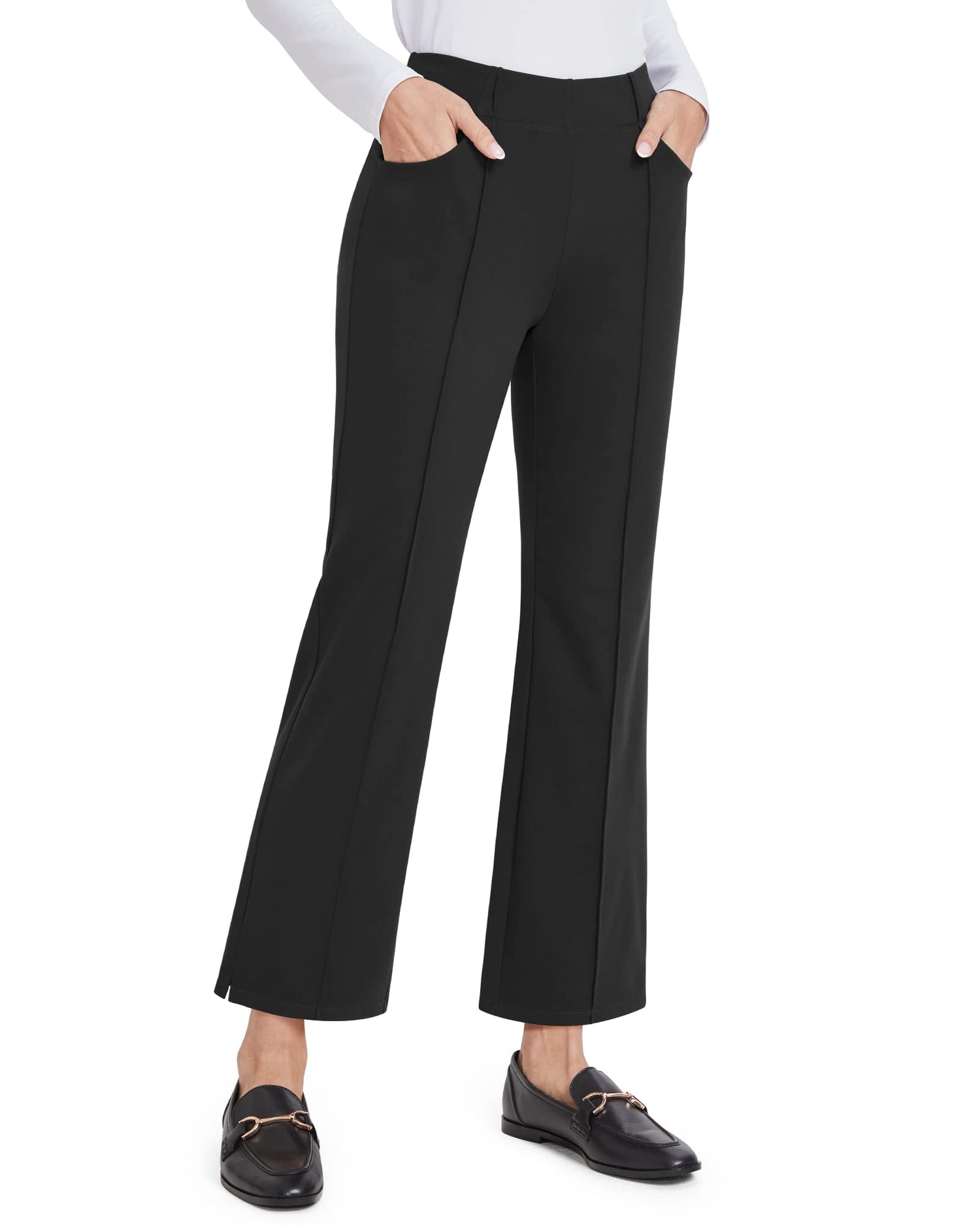 Stretch Mid-Waist Pockets Flare Business Casual Pants