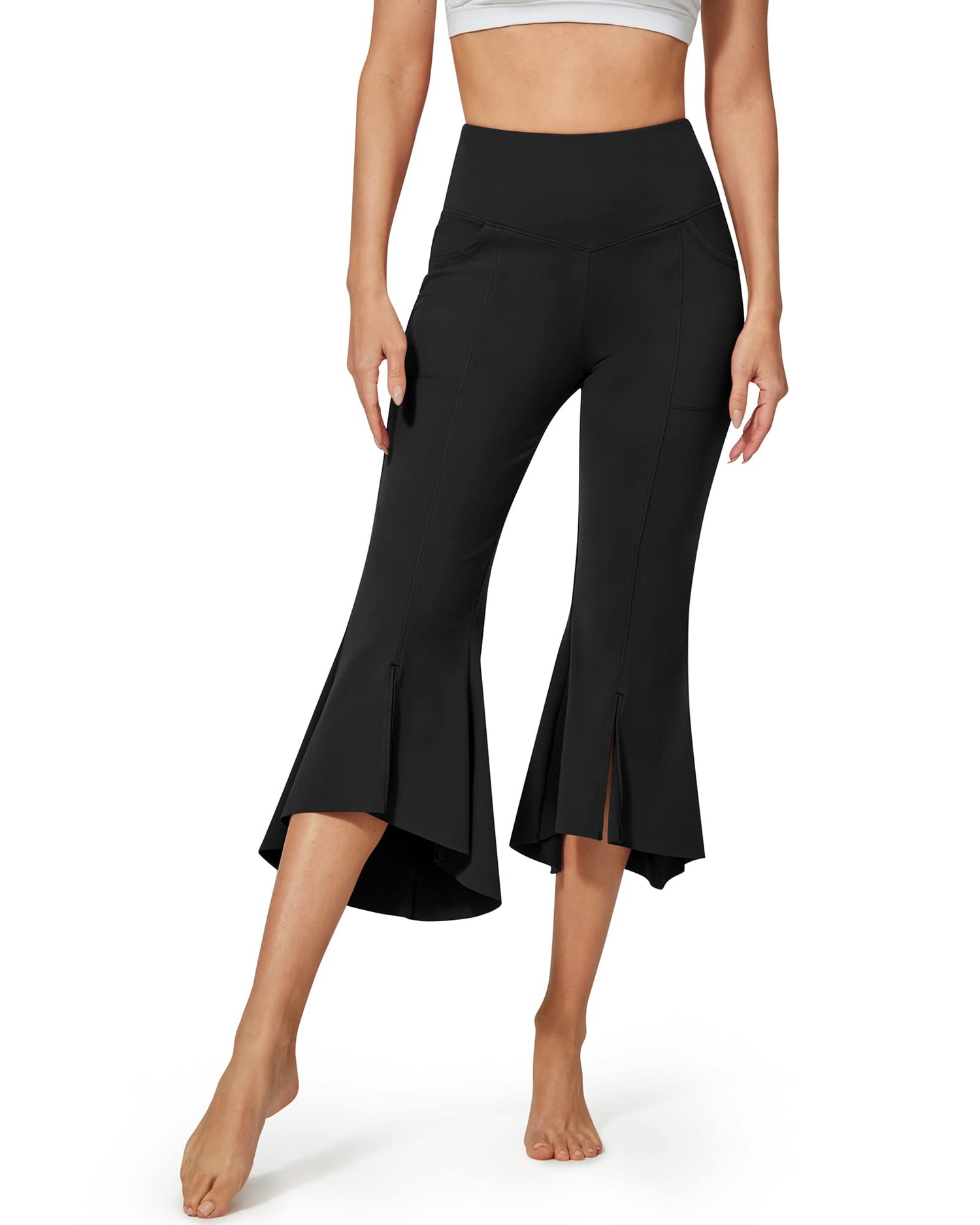 Stretch High Waist Pockets Ruffle Yoga Casual Capri Pants