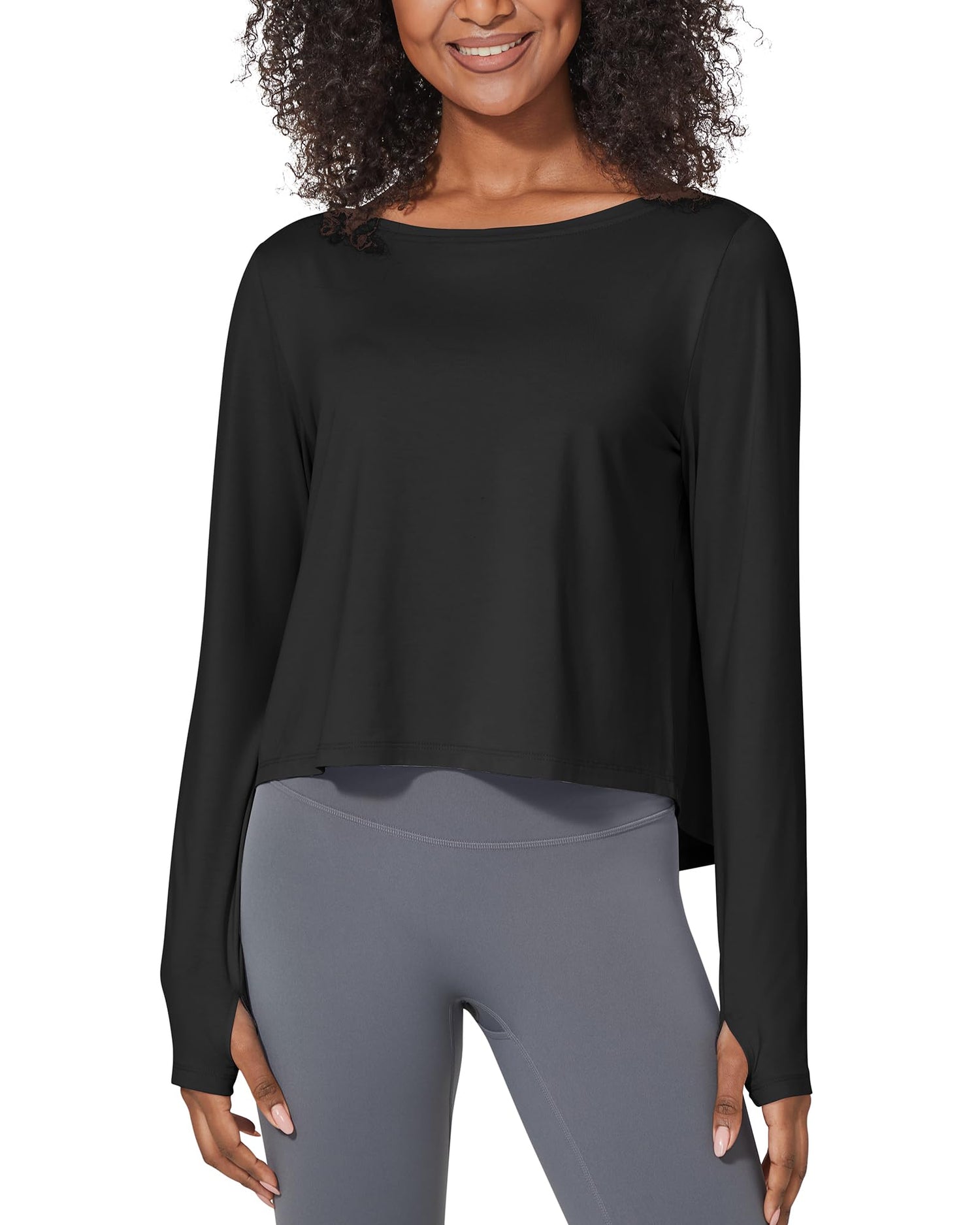 Loose Boatneck Crop Long Sleeve Workout Shirts Tops