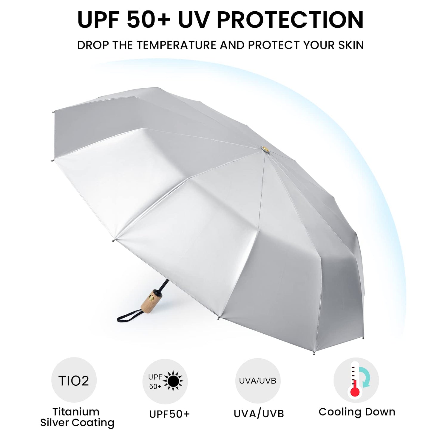 G4Free 46 Inch UPF 50+ UV Protection Large Travel Umbrella with Wooden Handle