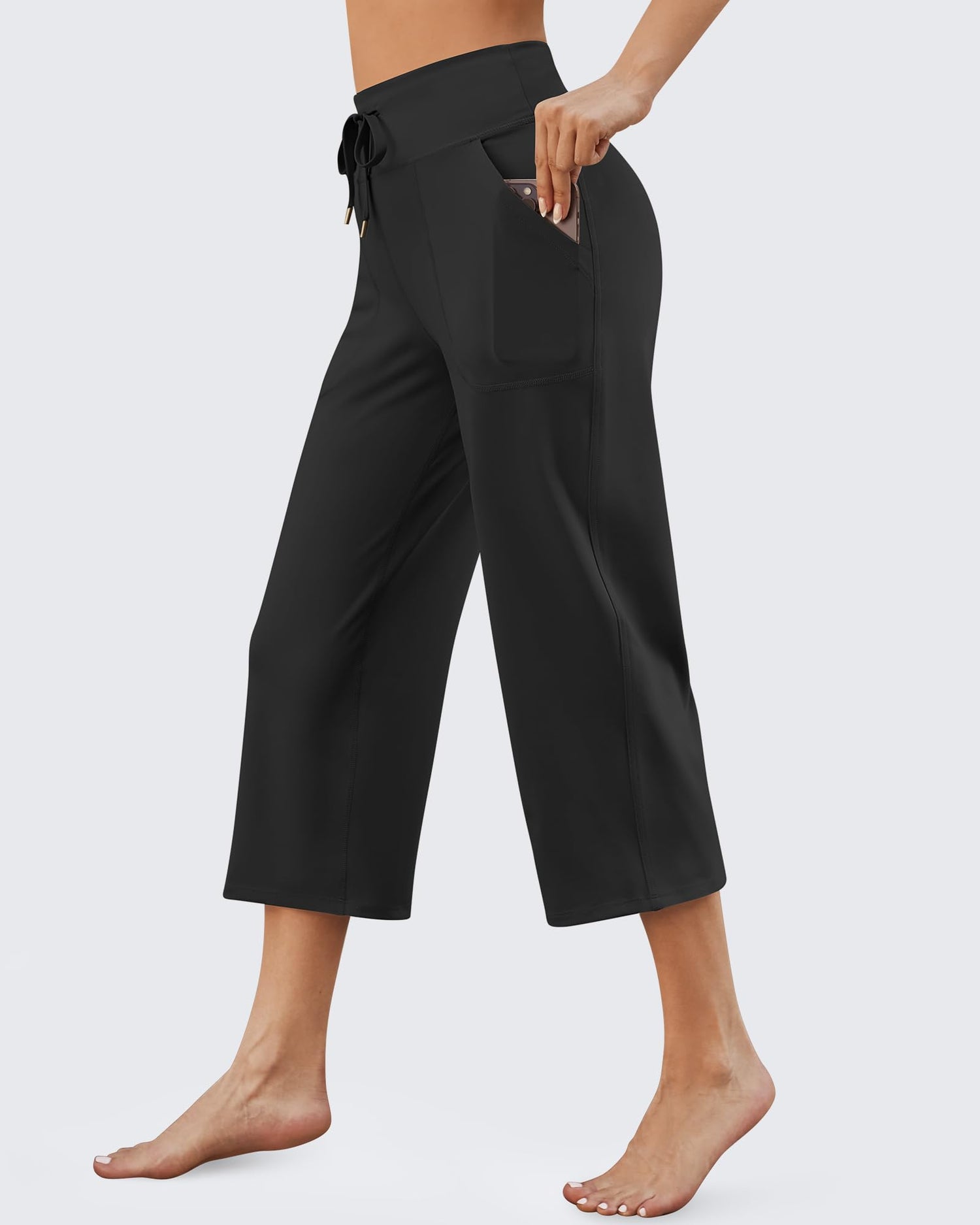 Wide Leg High-Rise Pocket Drawstring Capris Casual Yoga Pants