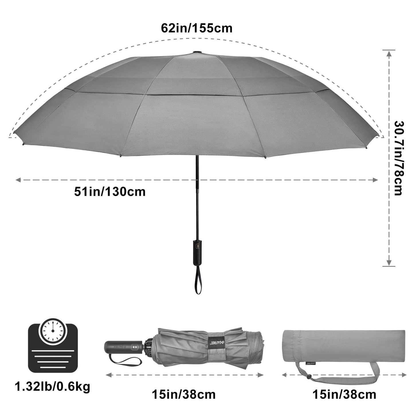 G4Free 62 Inch Large 10 Ribs Compact Reverse Windproof Umbrella