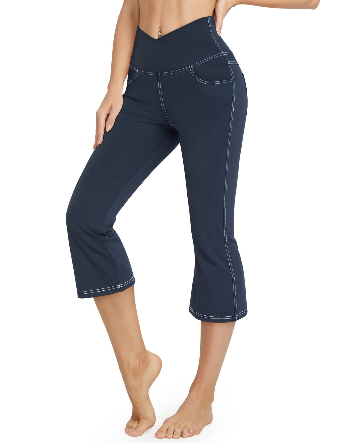 Stretch Crossover Waist Pockets Capri Flare Casual Pants