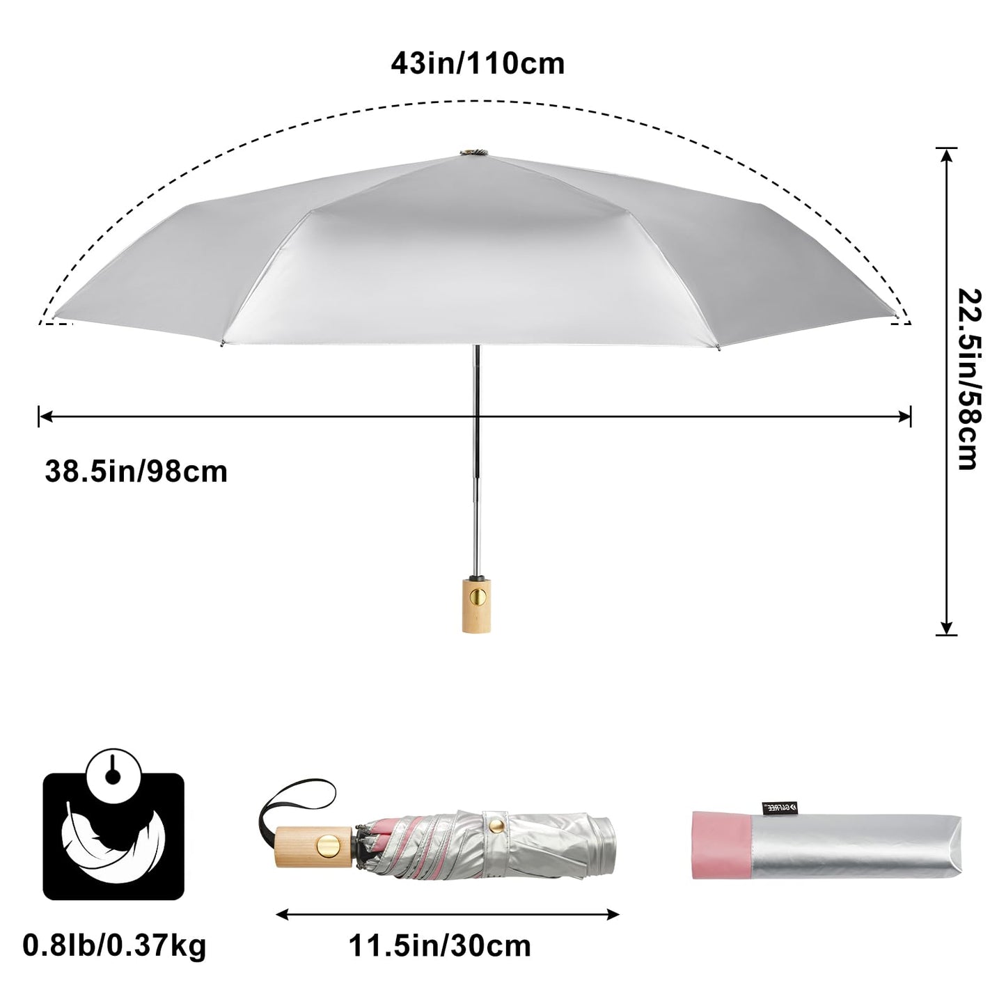 G4Free UPF 50+ UV Protection Travel Umbrella with Wooden Handle